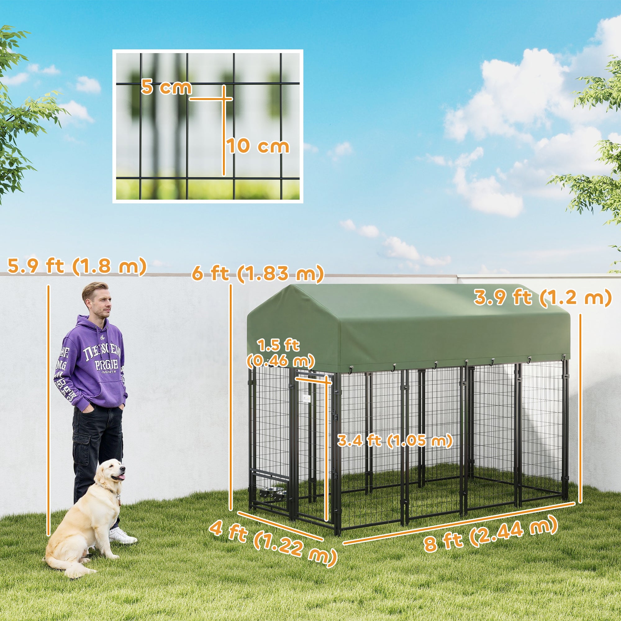 8' x 4' x 6' Outdoor Dog Kennel, Dog Kennel Outside Run with 360° Rotating Bowls, Waterproof & UV Resistant Cover Green