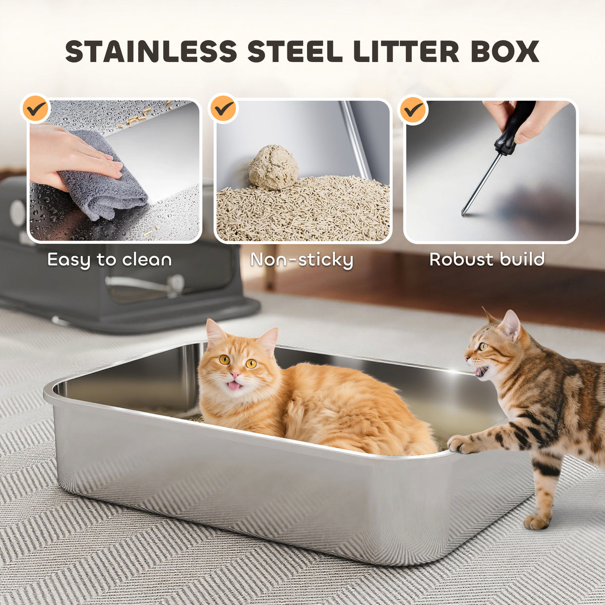 XXL Stainless Steel Enclosed Cat Litter Box - Black 52L High Sided-Cats-DECOROLALA
