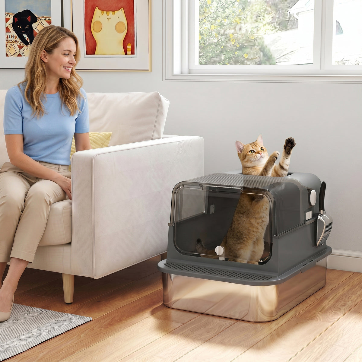 XXL Stainless Steel Enclosed Cat Litter Box - Black 52L High Sided-Cats-DECOROLALA