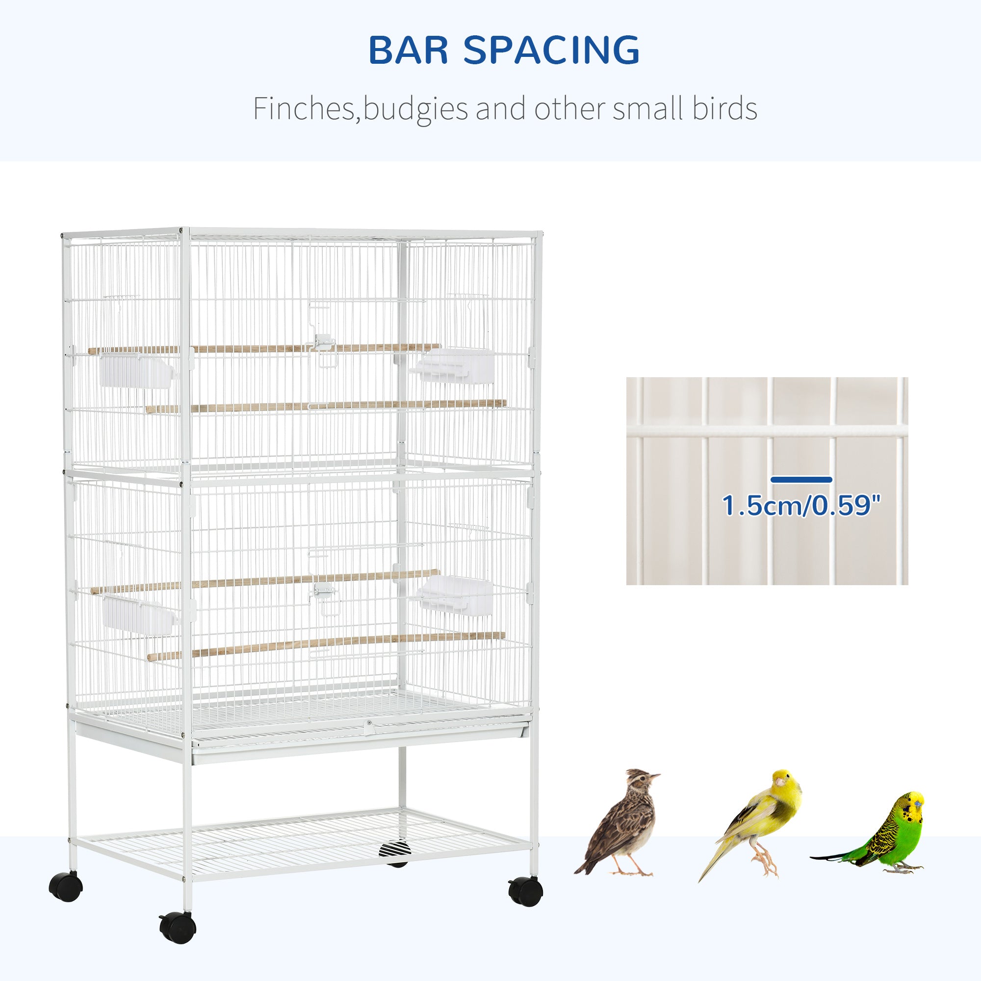 52'' Large Rolling Steel Bird Cage Bird House with Rolling Stand, Storage Shelf, Wood Perch, Food Container, White