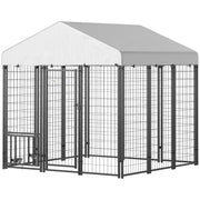 Outdoor Dog Kennel with Waterproof UV-Resistant Cover, Rotating & 4-Level Adjustable Feeding Bowls, 6 x 6 x 6 ft