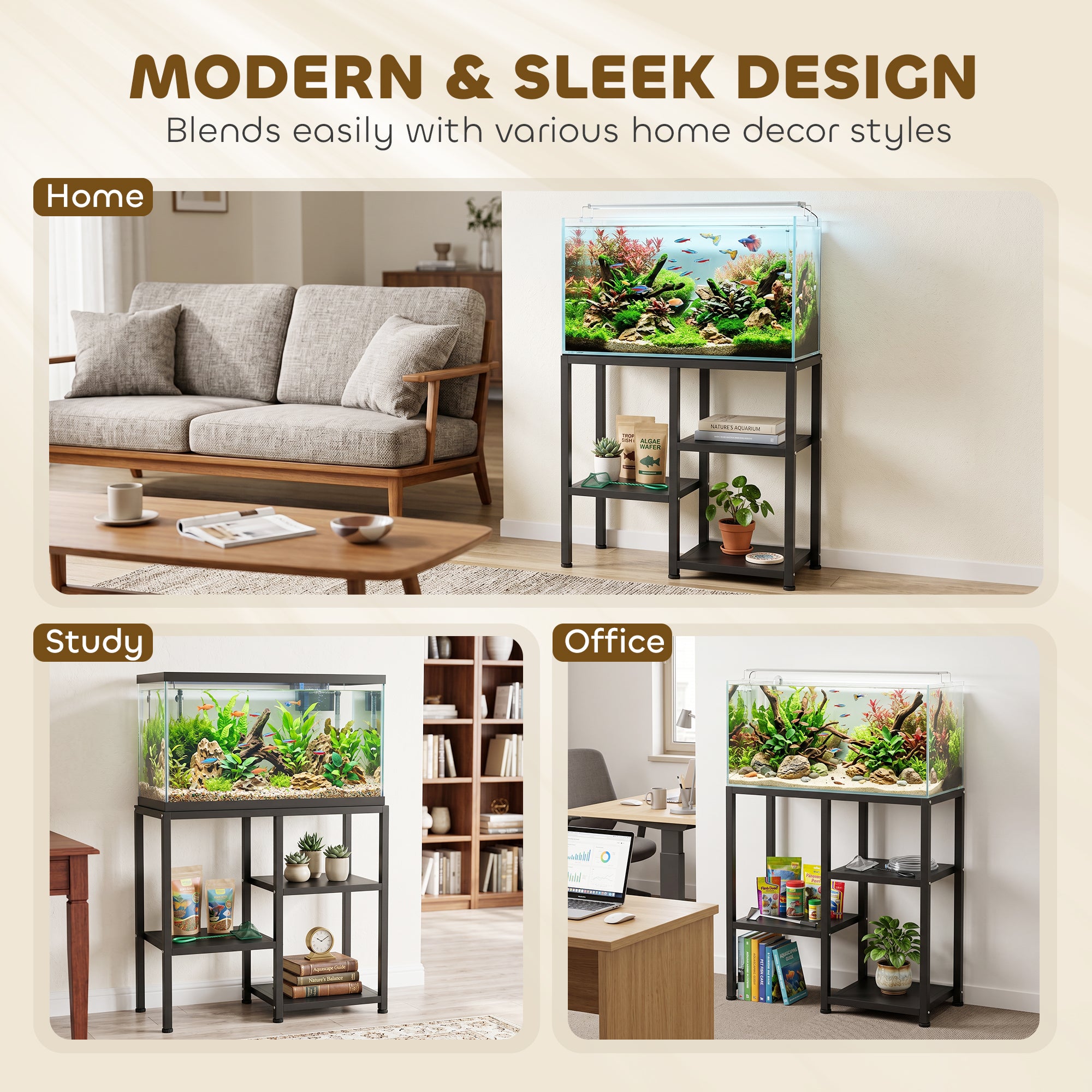 25 Gallon Fish Tank Stand, Metal Aquarium Stand with 3 Tier Storage Shelf, Adjustable Feet for Home Office, Black