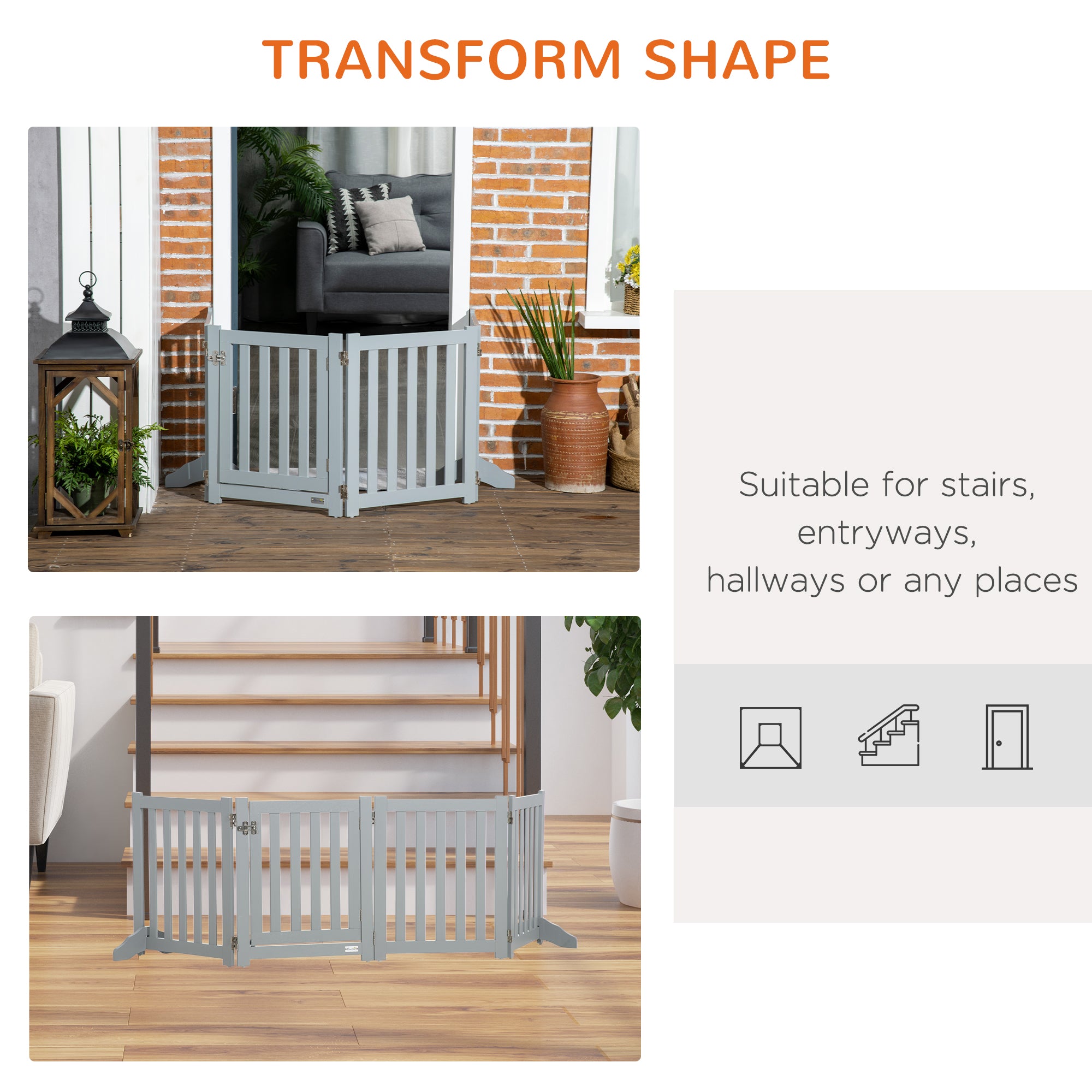 23.5"H Foldable Dog Gate with Door, 4 Panels Freestanding Pet Gate Barriers Indoor with Support Feet, Puppy Fence for Dogs, Grey