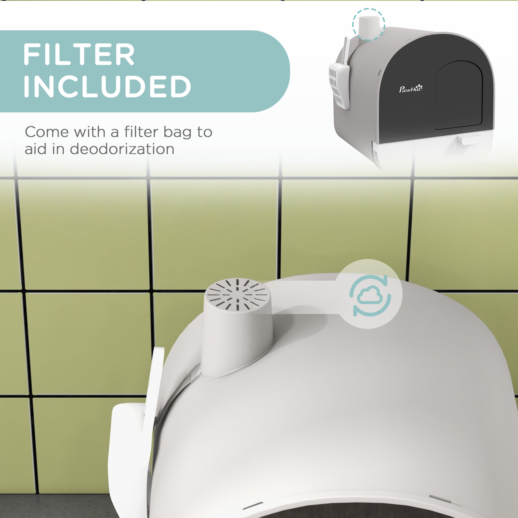 Cat Litter Box with Lid, Removable Tray, Scoop, Filter, Light Grey