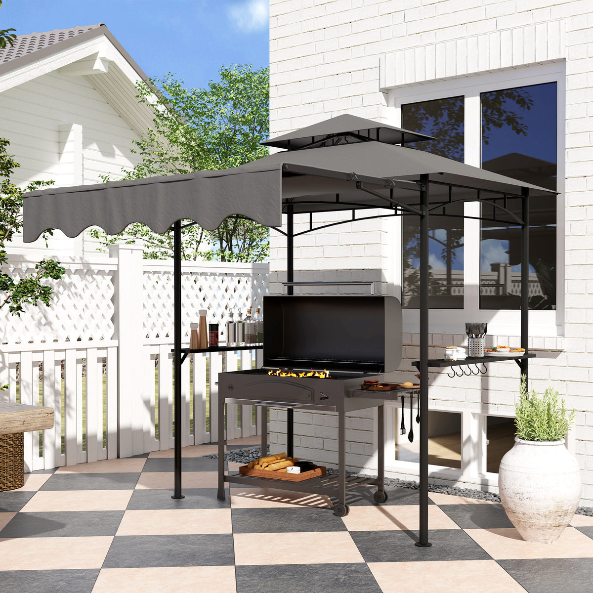 8' x 7.6' Grill Gazebo with Side Awning - Dark Grey
