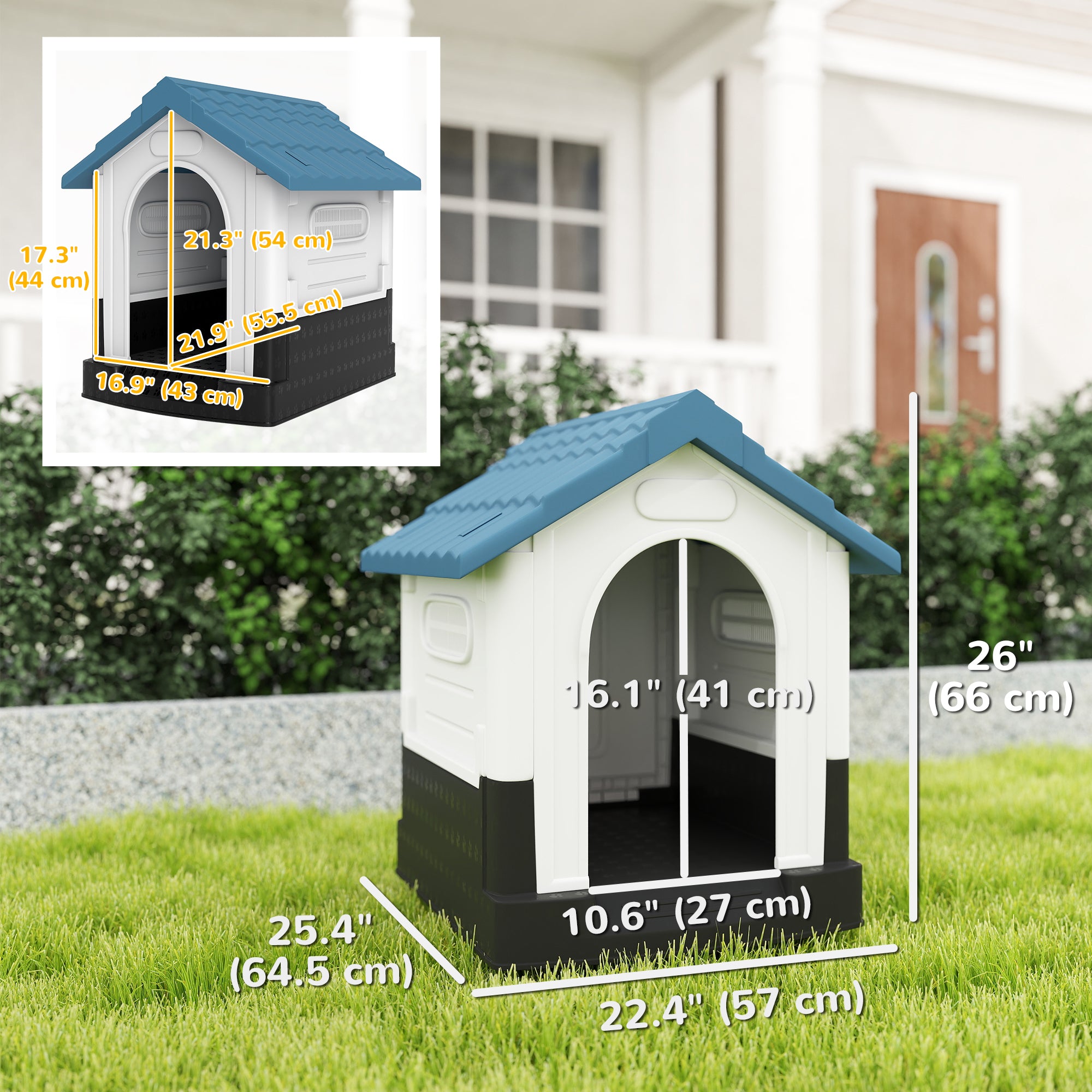 Niche extérieure pour chien avec fenêtres et support de base, pour jardin ou patio, petits chiens, 64,5 x 57 x 66 cm, bleue