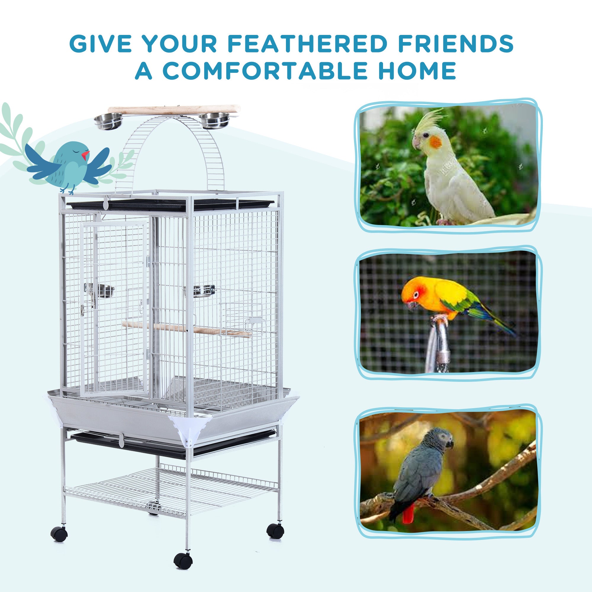 63" Large Bird Parrot Cage Stand Finch Feeder Play Top House Perch Bowl Wheels, Silver