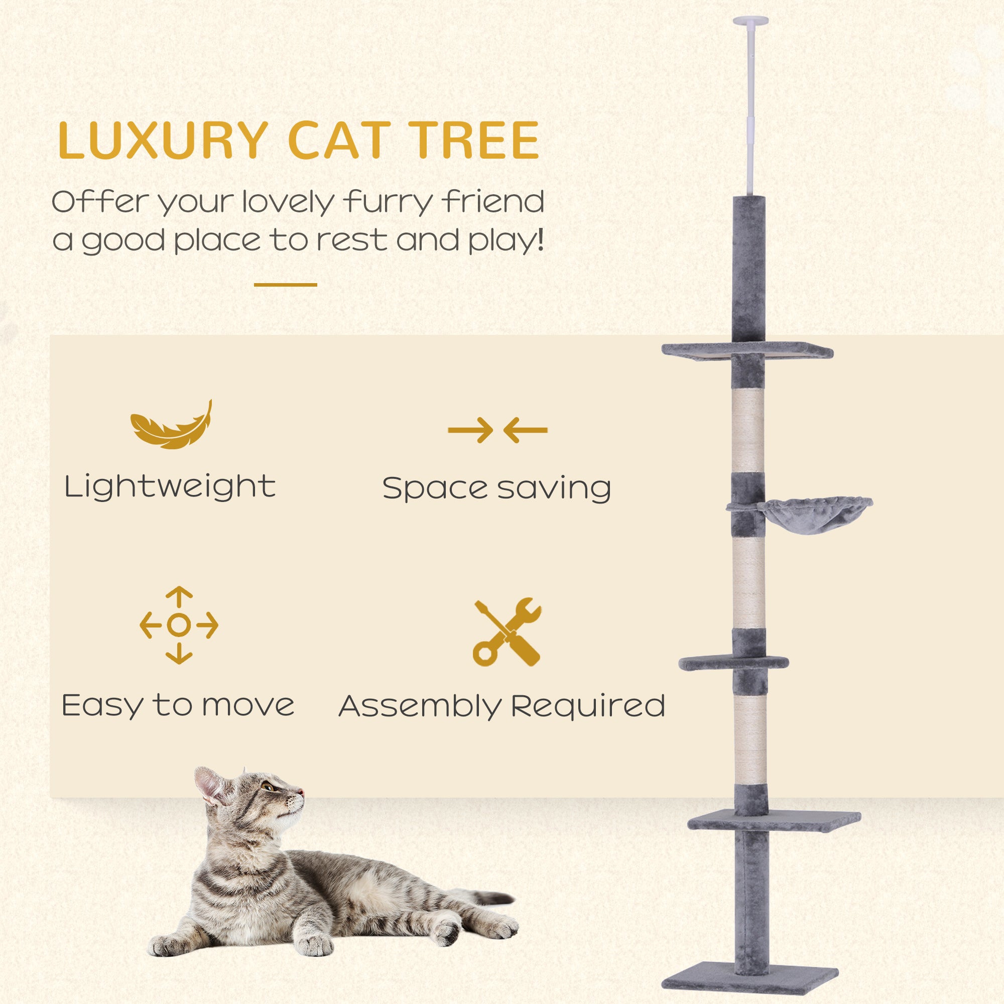 8.5ft Cat Climbing Tree 5-Tier Cat Activity Center Floor-to-Ceiling Cat Climber Toy with Scratching Post Play Rest Post Pet Furniture Grey