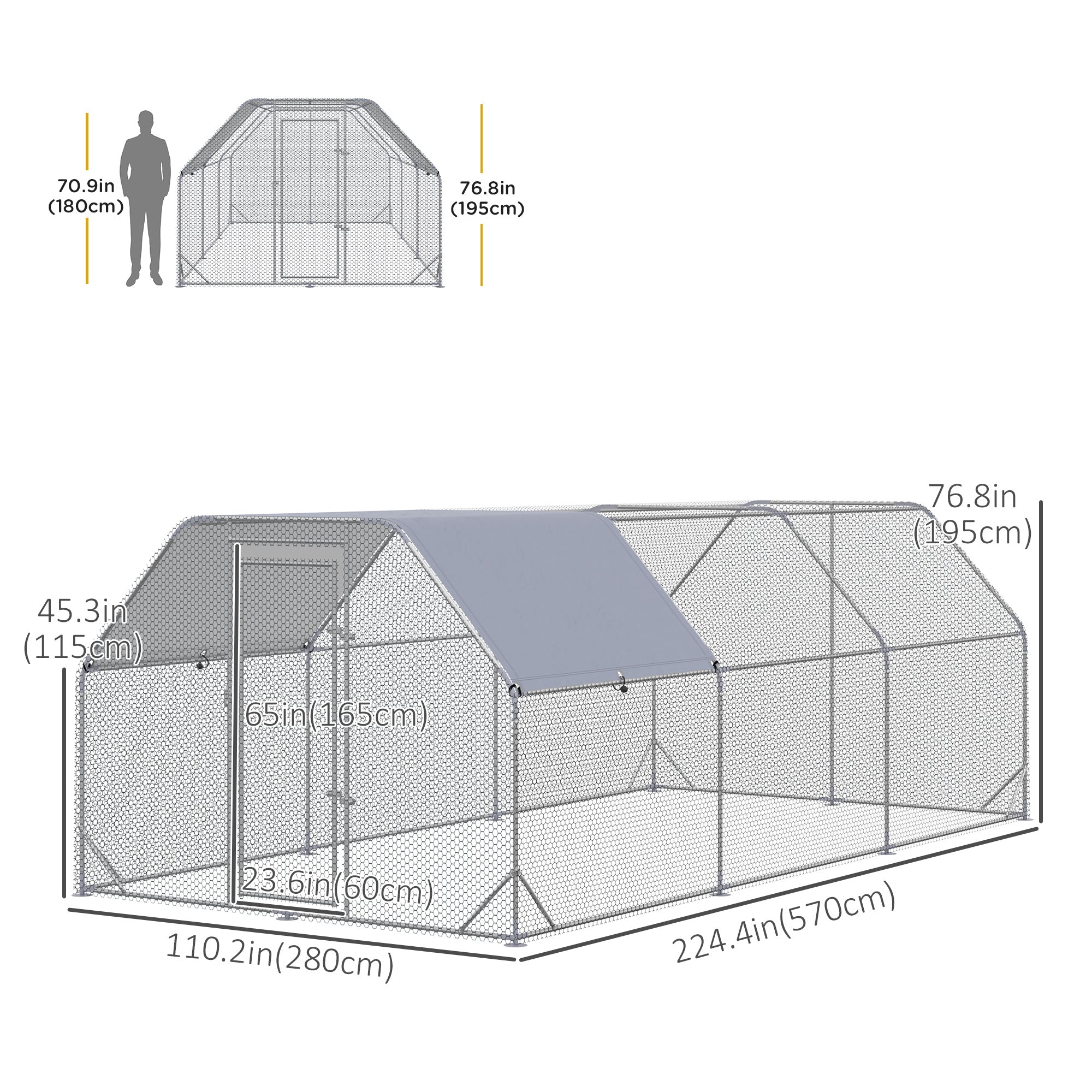 Chicken Run Outdoor, Galvanized Large Metal Chicken Coop Cage, Walk-in Enclosure Poultry Hen Run House Playpen Rabbit Hutch with Flat Roof, Cover, 9.2'x18.7'x6.5', Silver