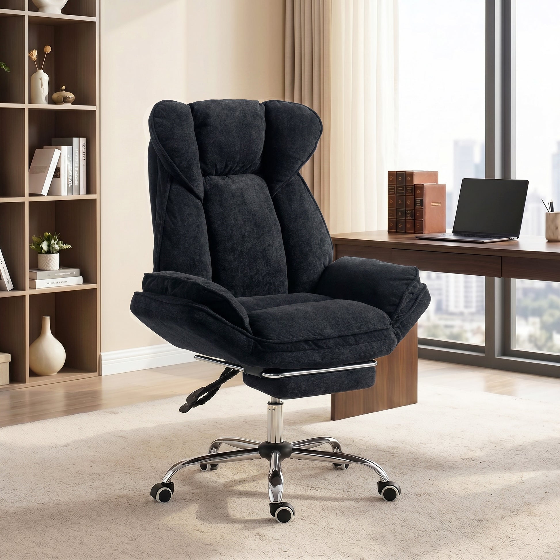 Big and Tall Office Chair Footrest Executive Desk Chair High Back Snowflake Velvet Reclining, Black-Office Products > Office Furniture > Office Chairs-DECOROLALA