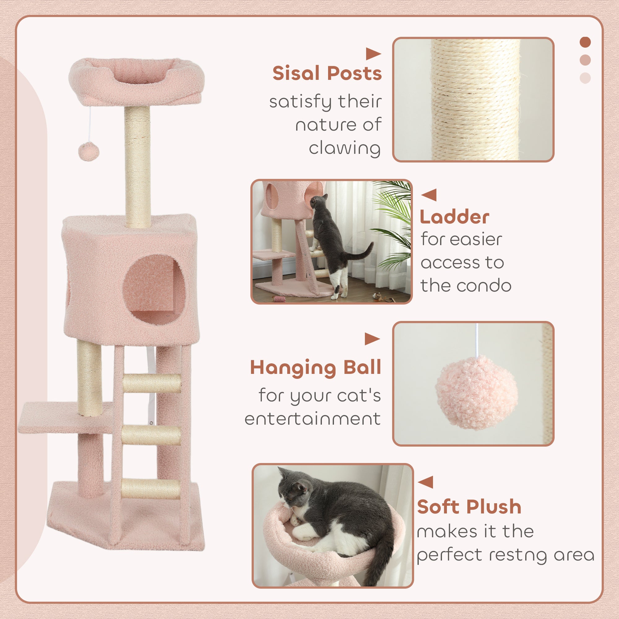 47" Tall Cat Tree Tower with Condo, Ladder, Scratching Posts and Hanging Ball, Pink