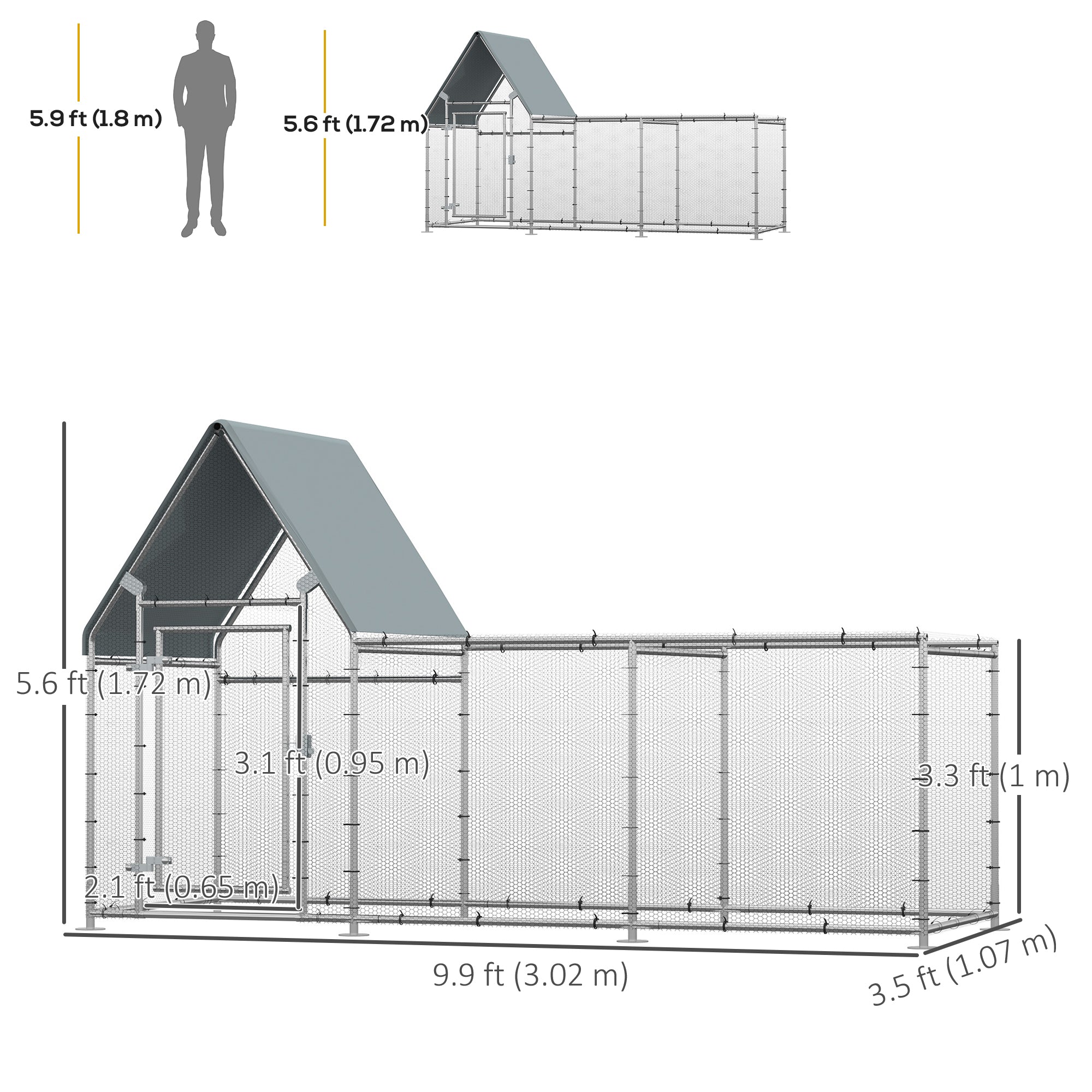 Walk In Chicken Run, Large Galvanized Chicken Coop, Hen Poultry House Cage, Rabbit Hutch Metal Enclosure w/ Water-Resist Cover for Outdoor Backyard Farm, 9.9' x 3.5' x 5.6'