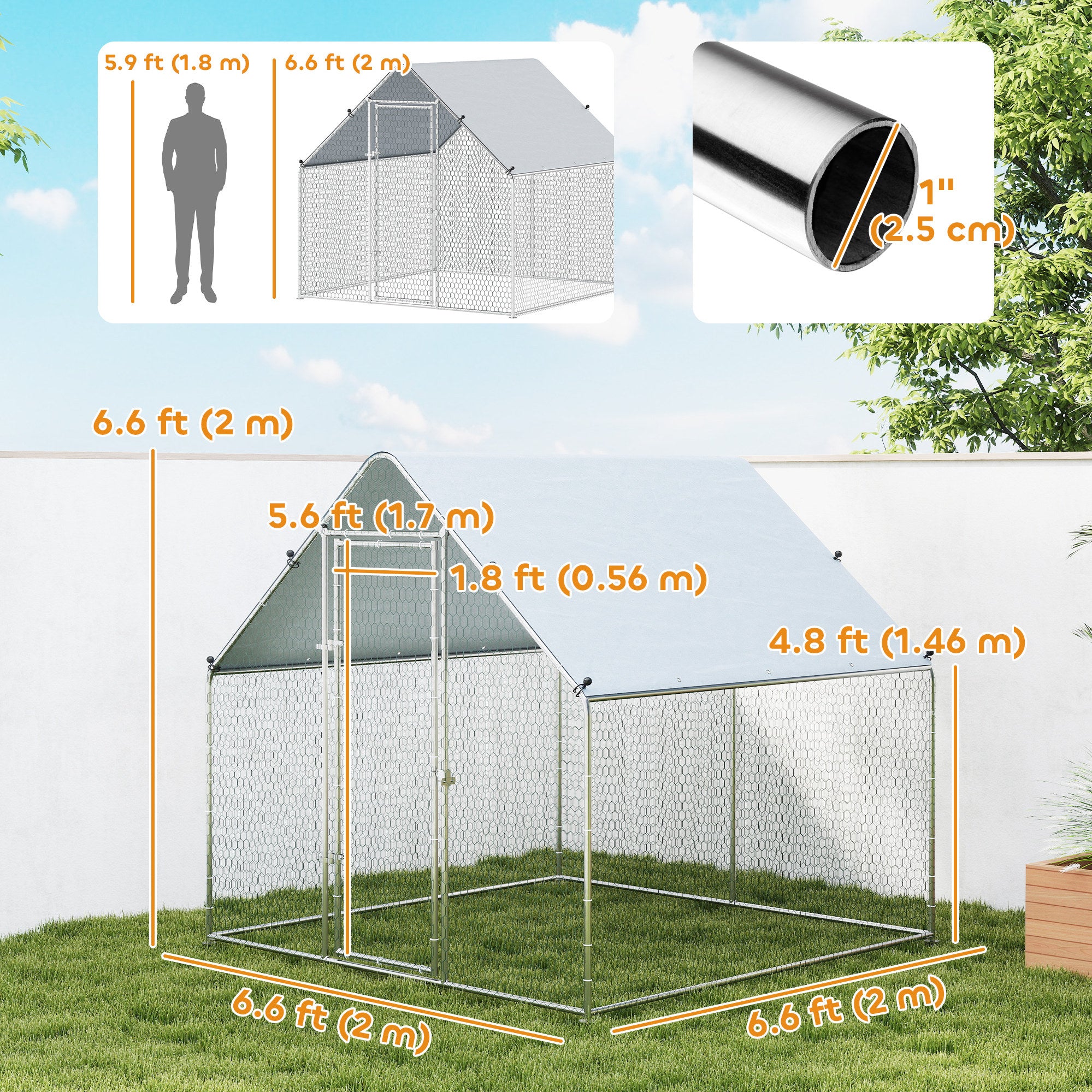 Metal Chicken Coop with Water- and UV-Protection Cover for Backyard Hen, Duck, Rabbit, 6.6' x 6.6' x 6.6'