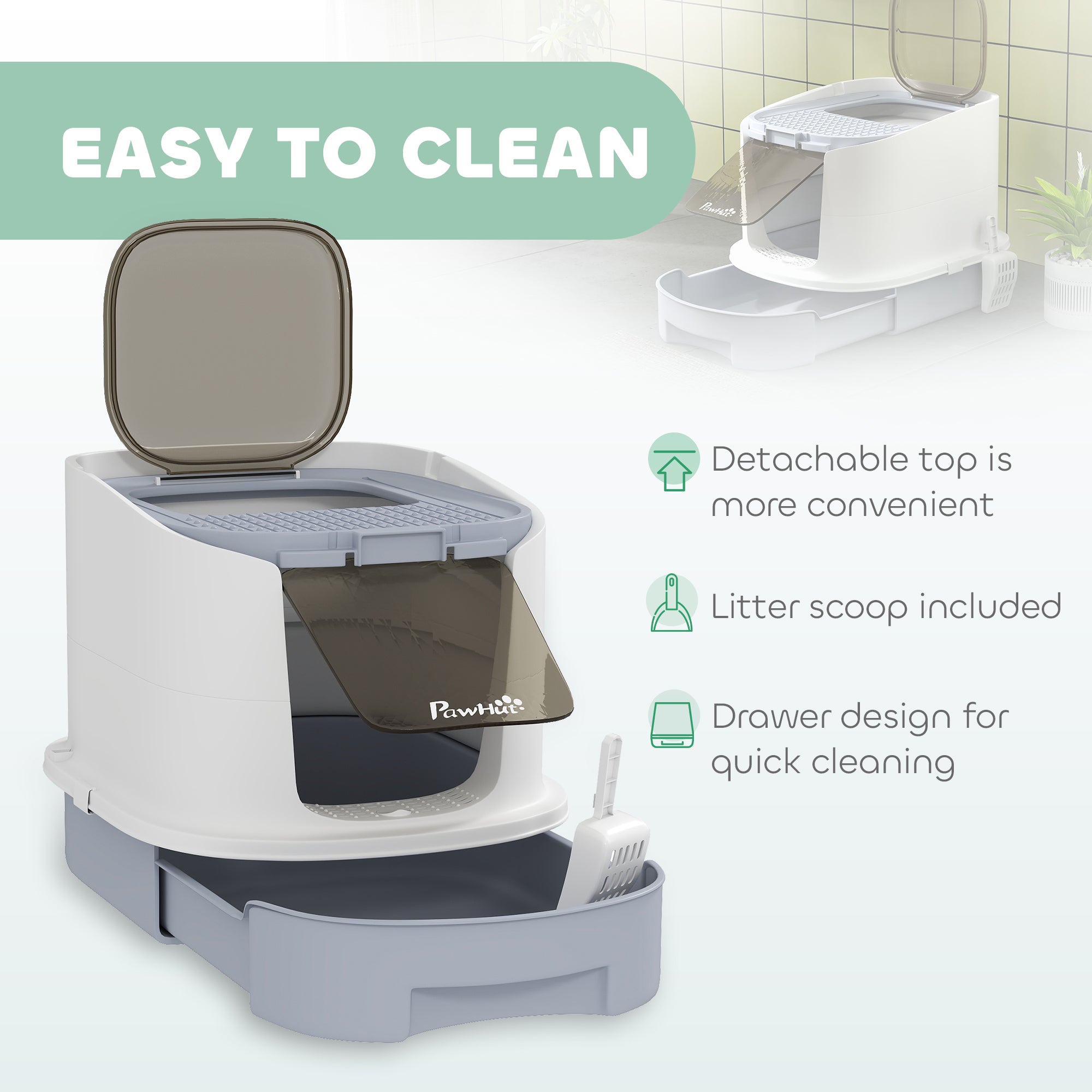Enclosed Cat Litter Box with Lid, Scoop, Top Entry, Deodorization Bags, Drawer Type Cat Litter Tray, Easy to Clean, Grey