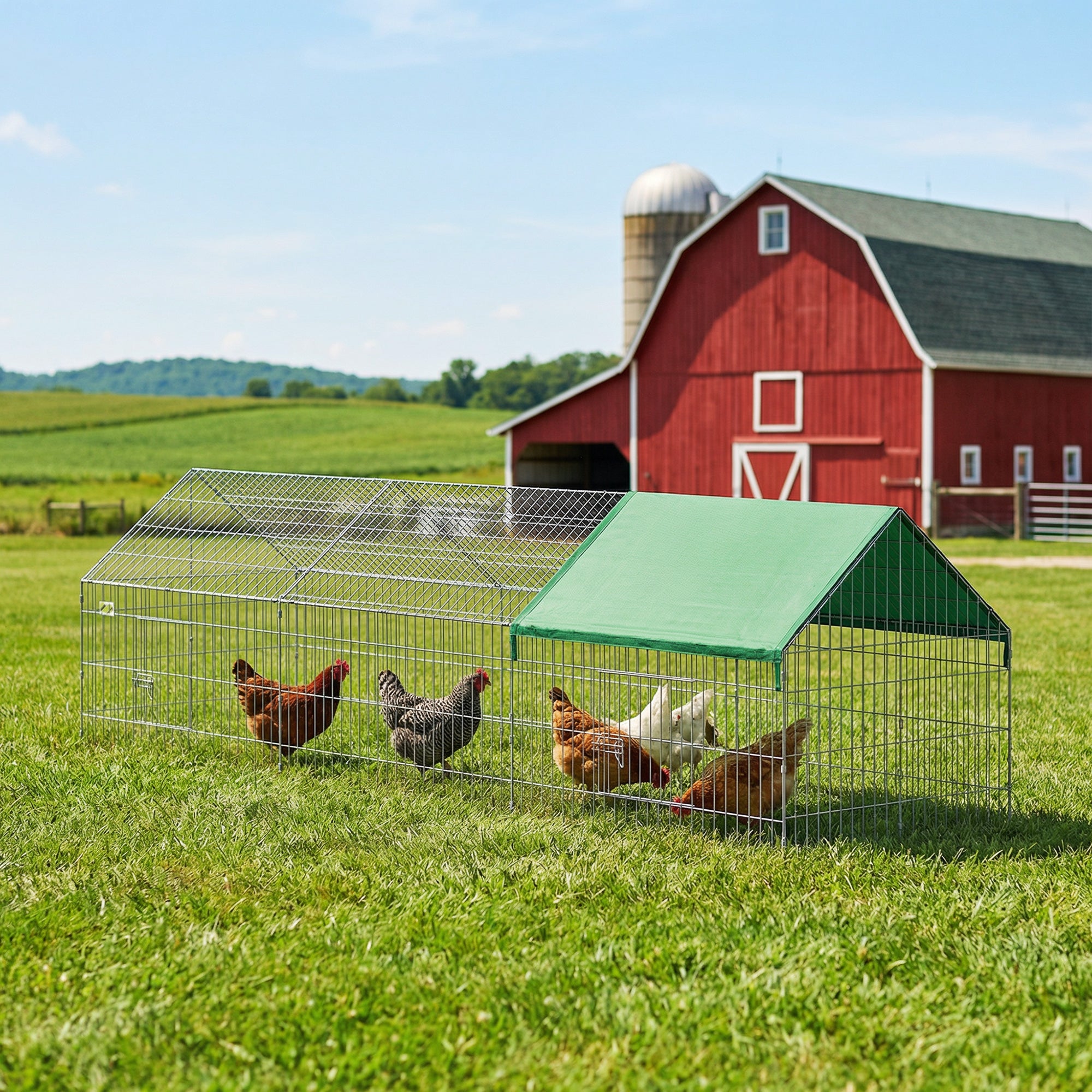 Metal Chicken Coop with UV-Resistant Cover for Rabbits, Ducks, Turtles, Guinea Pigs, 106" x 29.5" x 29.5", Green