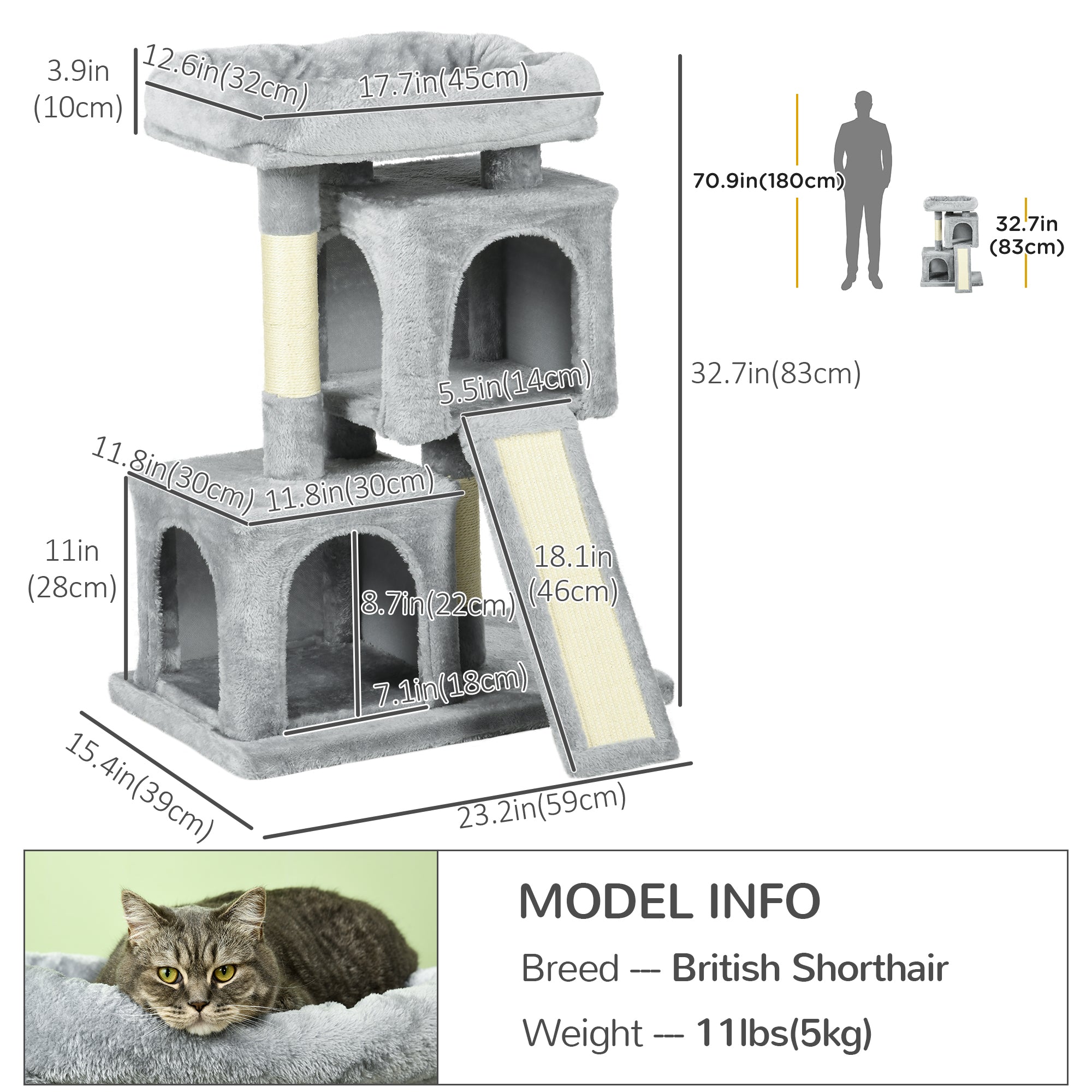 Plush Cat Tree Tower Activity Center with Sisal Scratching Post Scratching Board Perch Condo, Light Grey