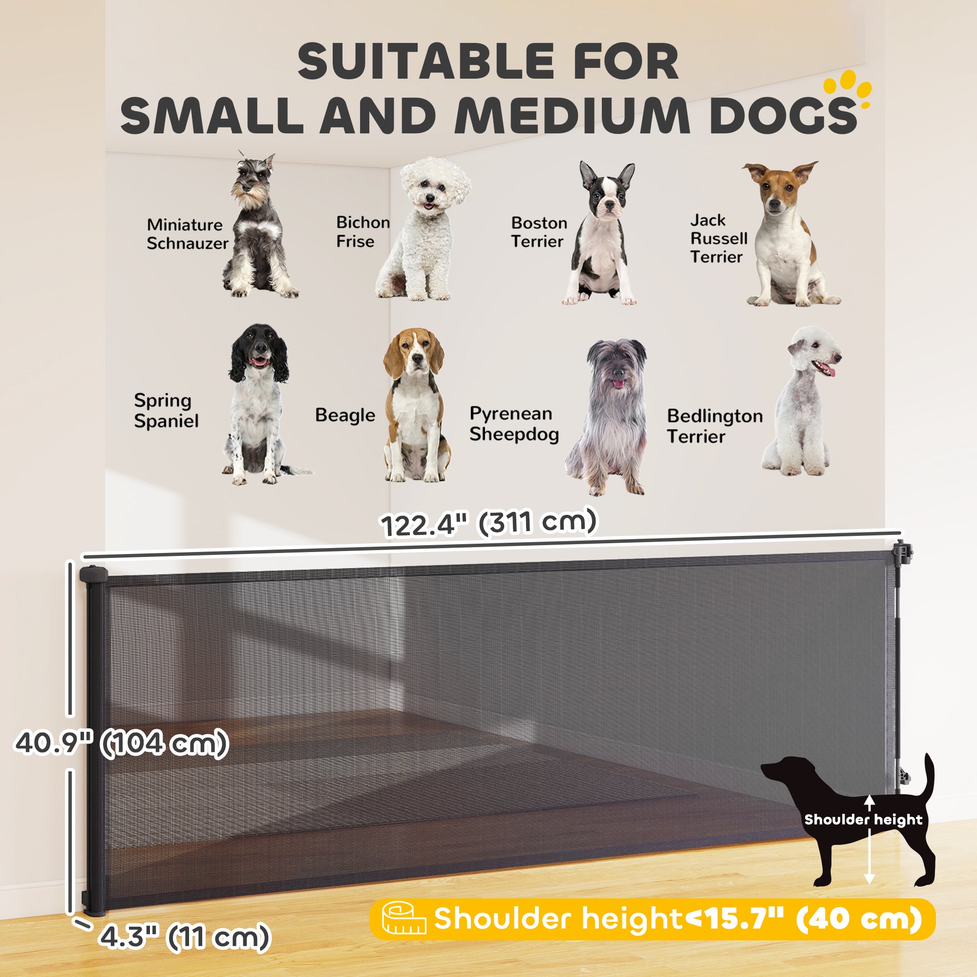 Retractable Dog Gate, 41" Tall,  Extends to 122" Wide, Mesh Pet Gate with Single Hand Operation, for Stairs, Doorways