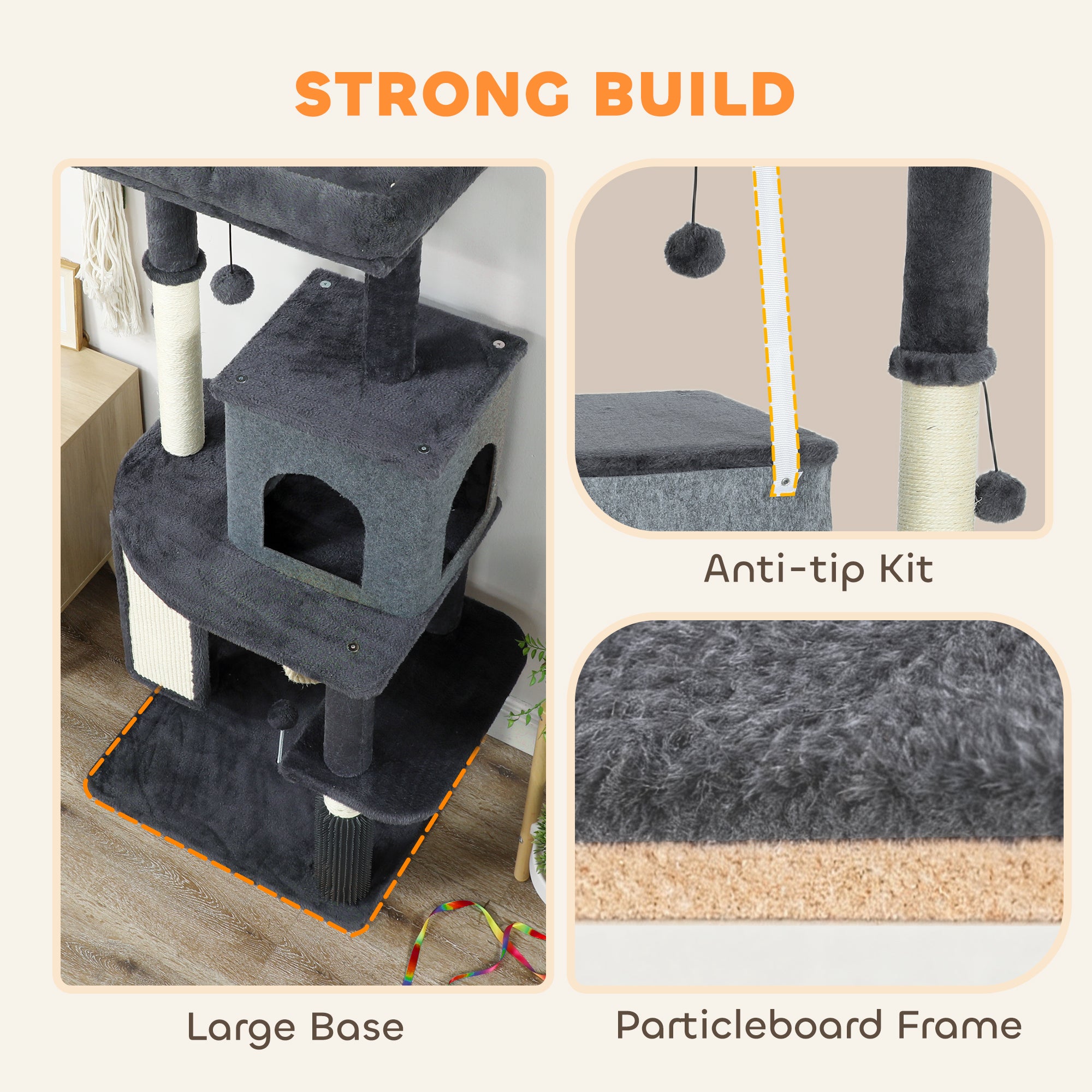 52 Inch Cat Tree with Scratching Posts, Cat Bed, Condo, Grooming Brush, Jumping Platforms, Toy Balls, Anti-tip Kit
