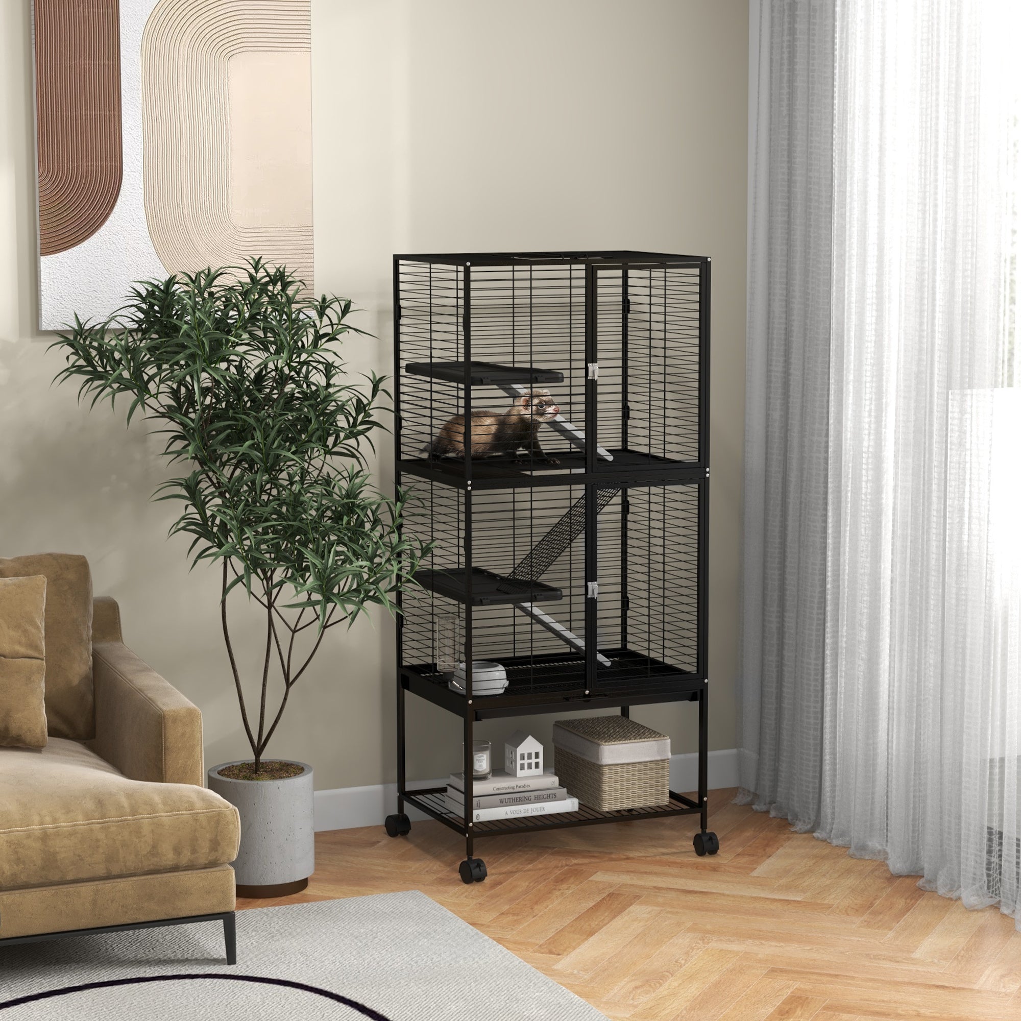 Rolling Small Animal Cage 53.5"H Chinchilla Cage for Ferrets, Squirrels w/ Removable Tray, Storage Shelf, Black