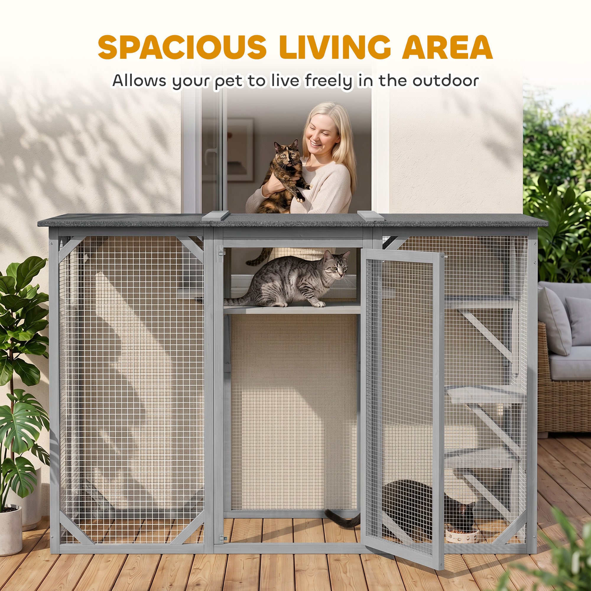 44.1" H Cat Cage, Indoor Outdoor Wooden Enclosure Pet House, Small Animal Cage Hutch, Suitable for Rabbit, Dogs, Kitten, Crate Kennel with Waterproof Roof, Multi-Level Platforms, Lock, Grey