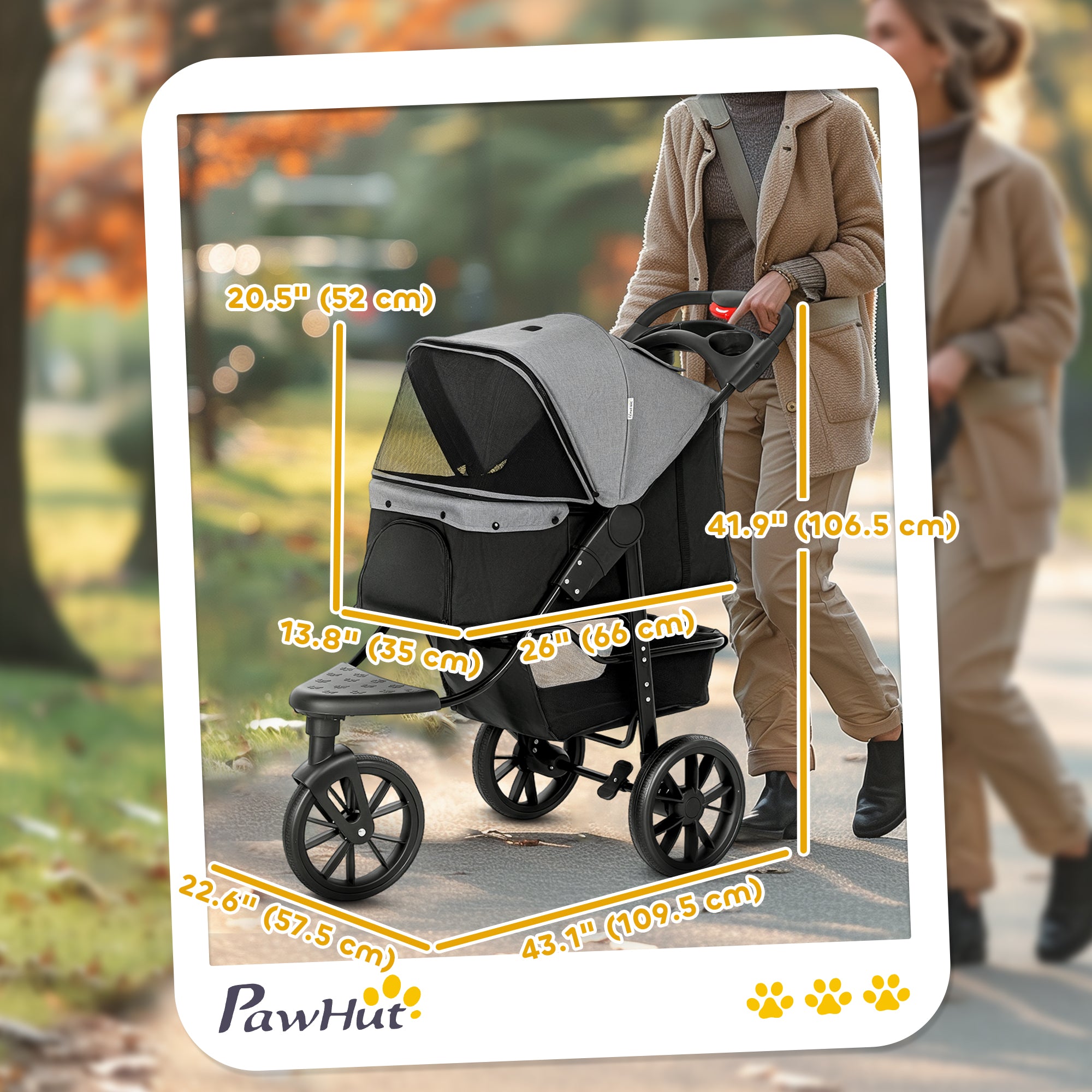 Poussette pour chien pliable à 3 roues, sac de transport avec capote réglable, frein de rangement, fenêtre en mesh pour chiens S et M, grise