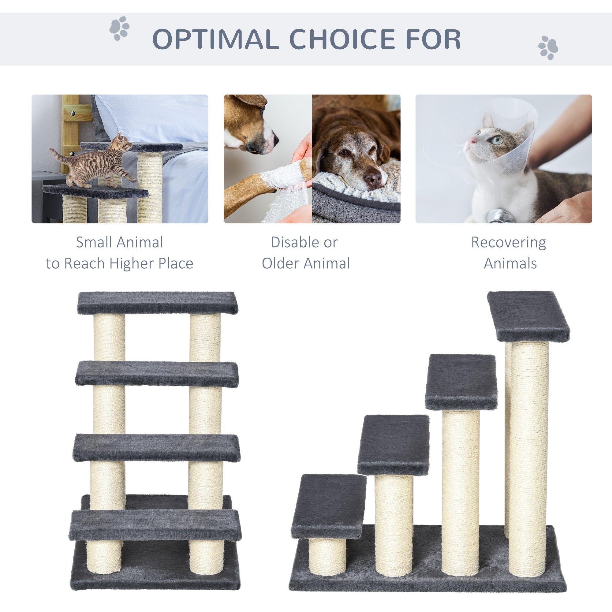 Arbre à chat à 4 niveaux, escalier pour animaux, 4 marches pour chiens et chats, poteau à griffer pour chatons, meuble à griffer pour chats, gris foncé