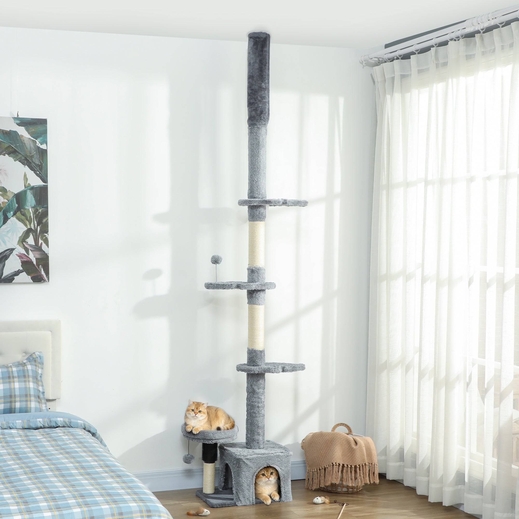 Floor to Ceiling Cat Tree, 4 Tiers Tall Kitty Climbing Tower with Scratching Post, Adjustable Height 87-100"