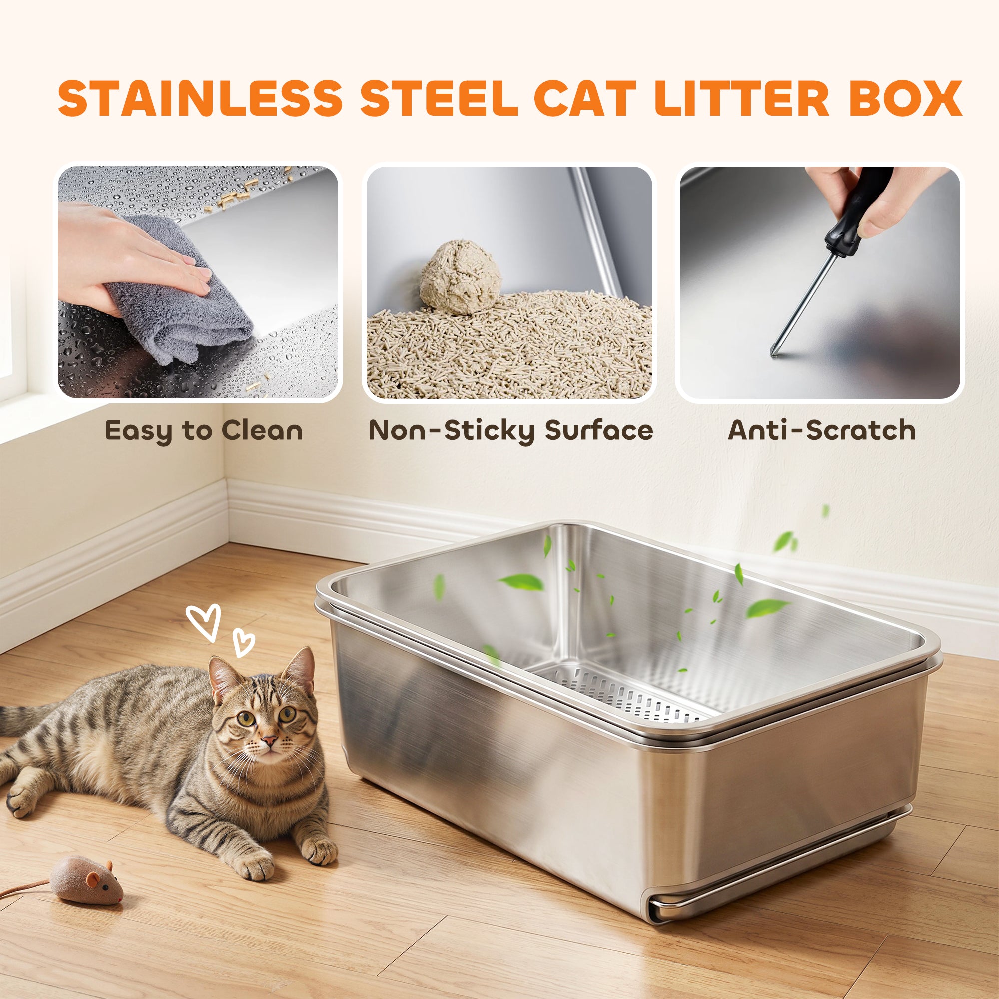 Stainless Steel Litter Box, XL Sifting Cat Litter Box for Medium and Large Cat, Non-Sticky, Odour Free, Easy Clean