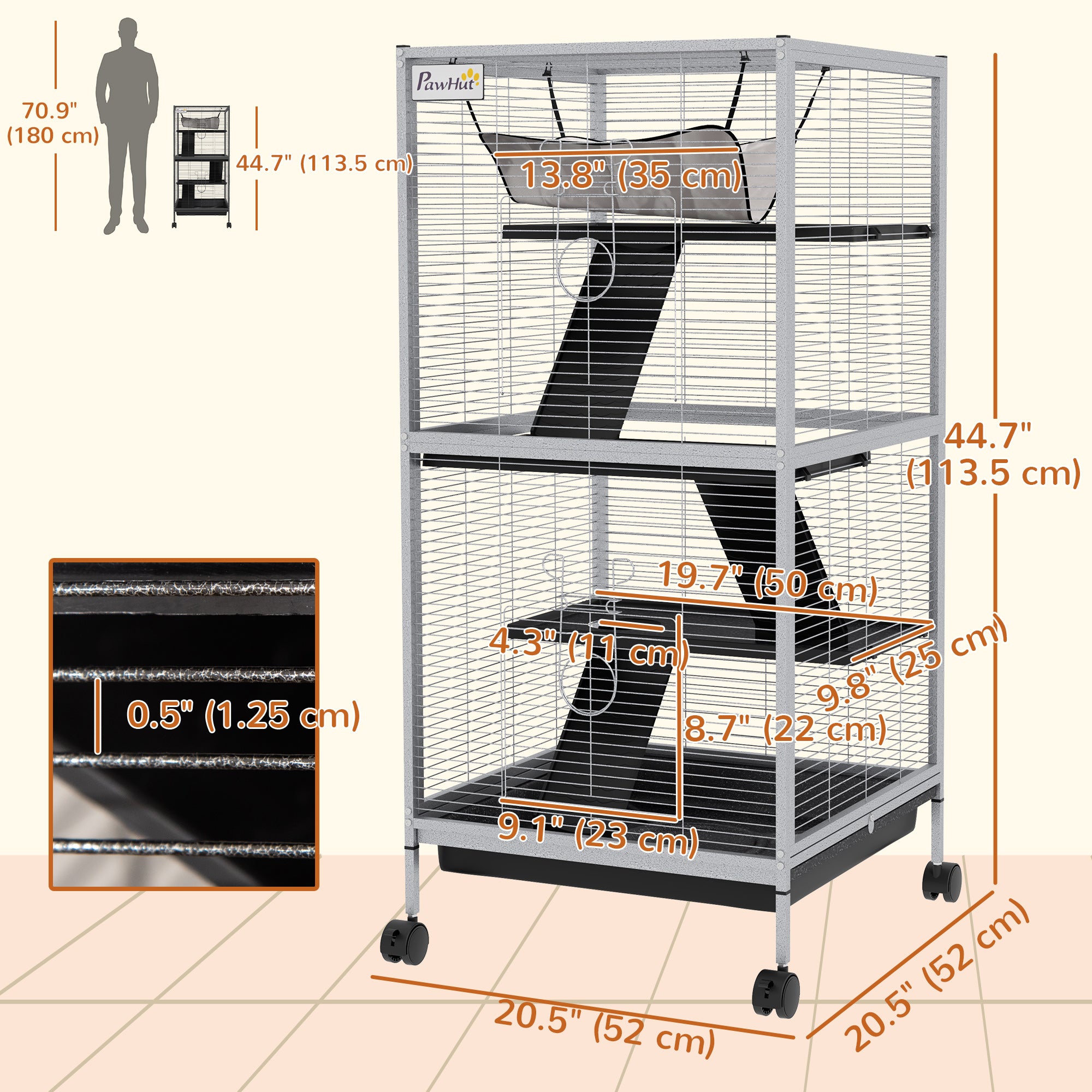Cage en acier de petite taille pour furet, chinchilla, chaton et lapin, gris clair