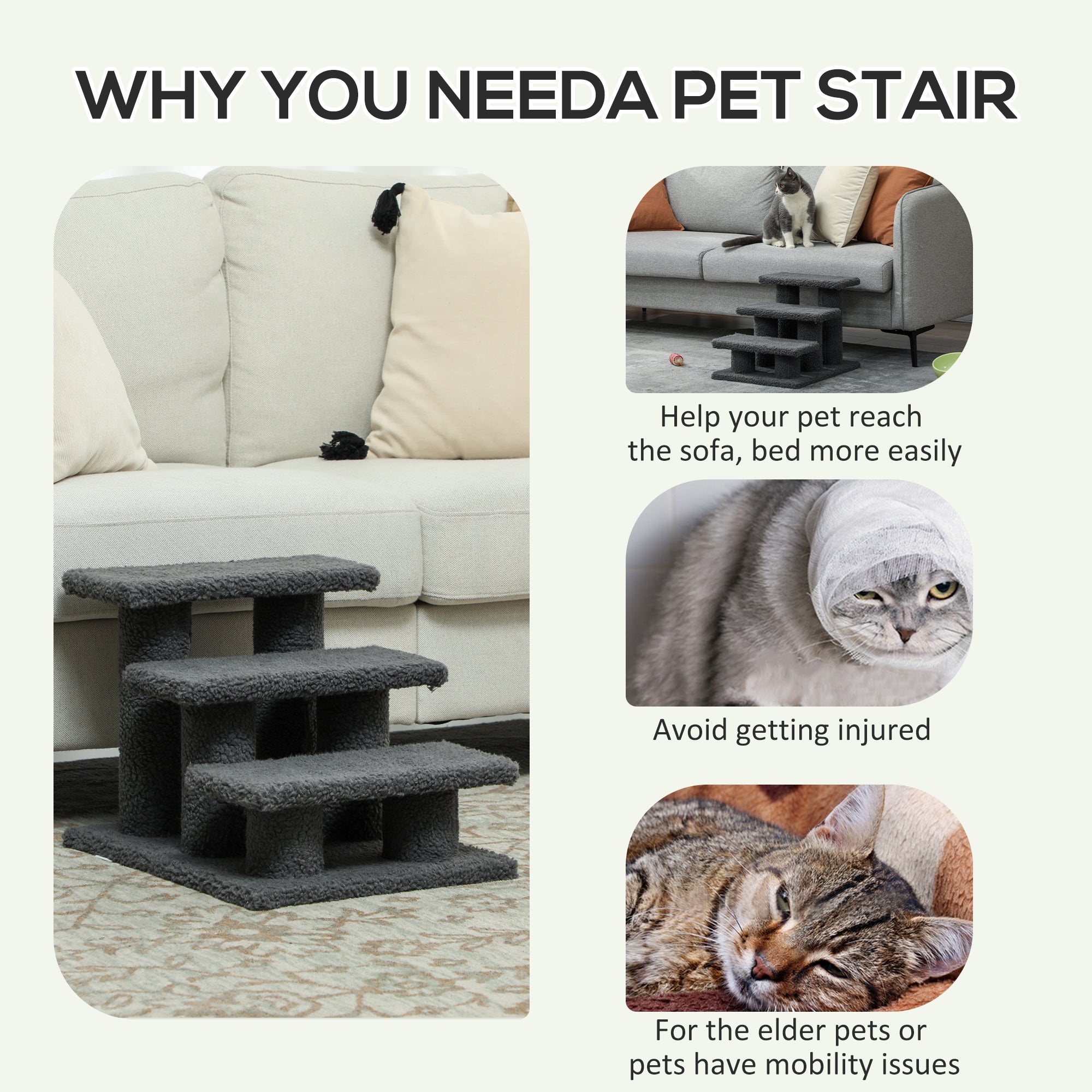 3 Tier Pet Stairs Dog Cat Step Scratch Post Furniture,  Dark Grey