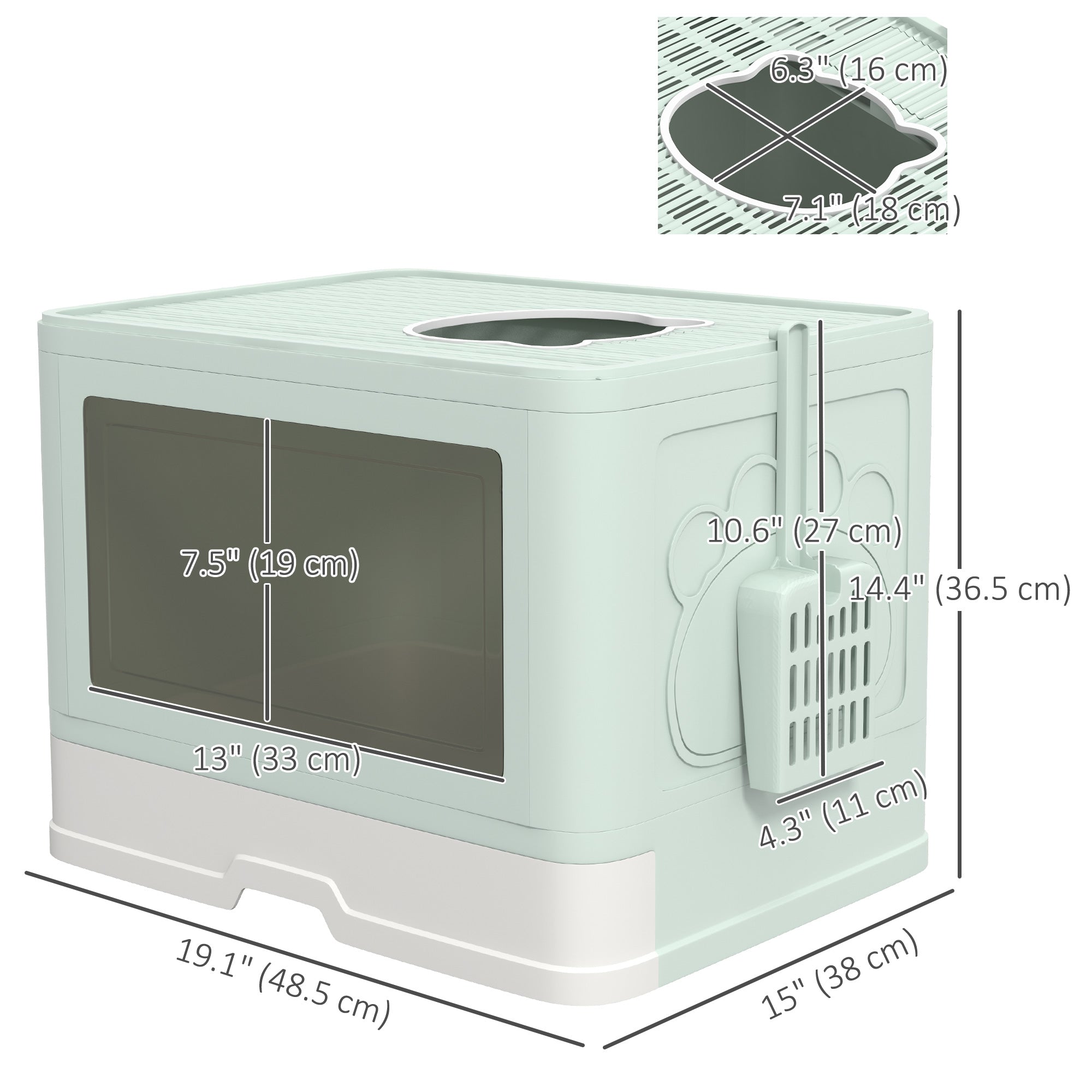 Cat Litter Box, Front Enter & Top Exit Cat Litter Tray with Scoop, Pull-out Tray, Easy to Clean, Green