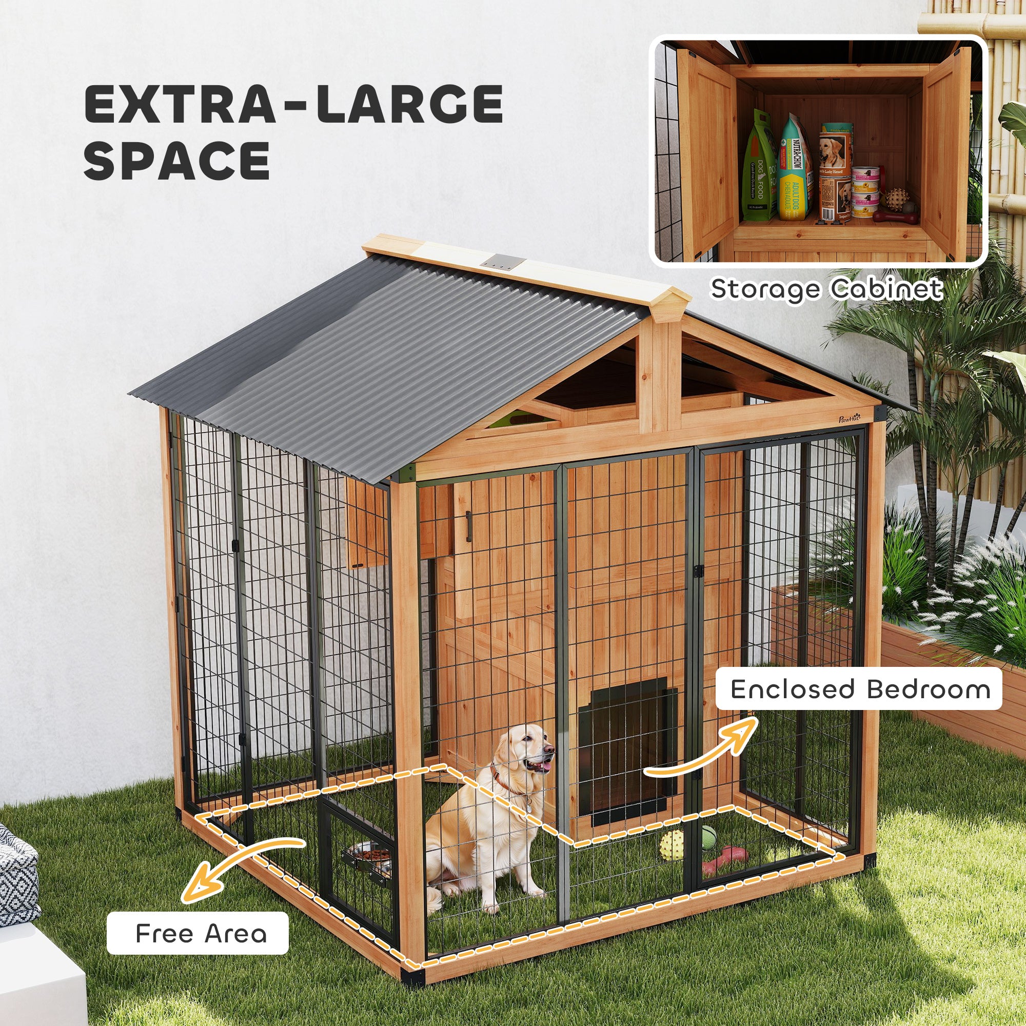 86" L Dog House Outdoor, Wooden Dog Kennel with Storage Cabinet, Stainless Steel Bowls for Large Breeds, Yellow