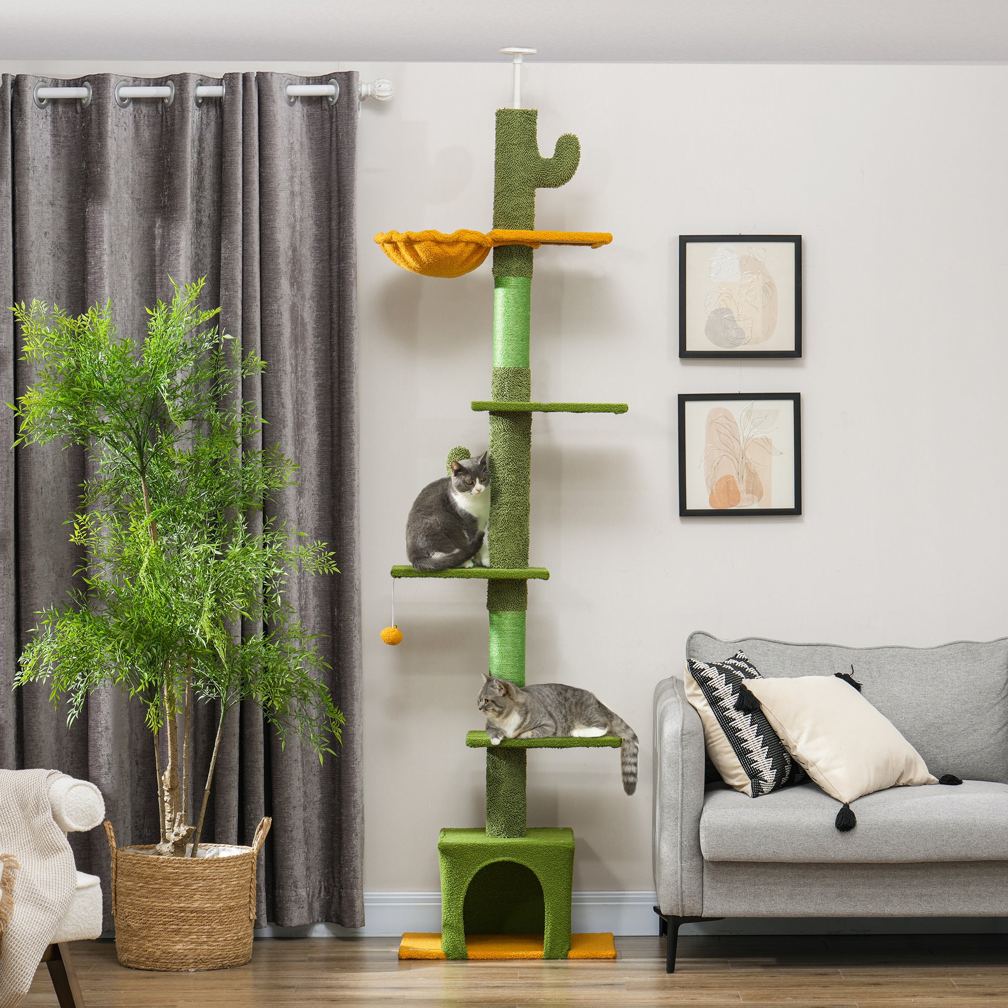 Floor to Ceiling Cat TreeTower with 90.5"-108" Adjustable Height, Scratching Posts, Hammock, Comdo, Toy Ball, Green