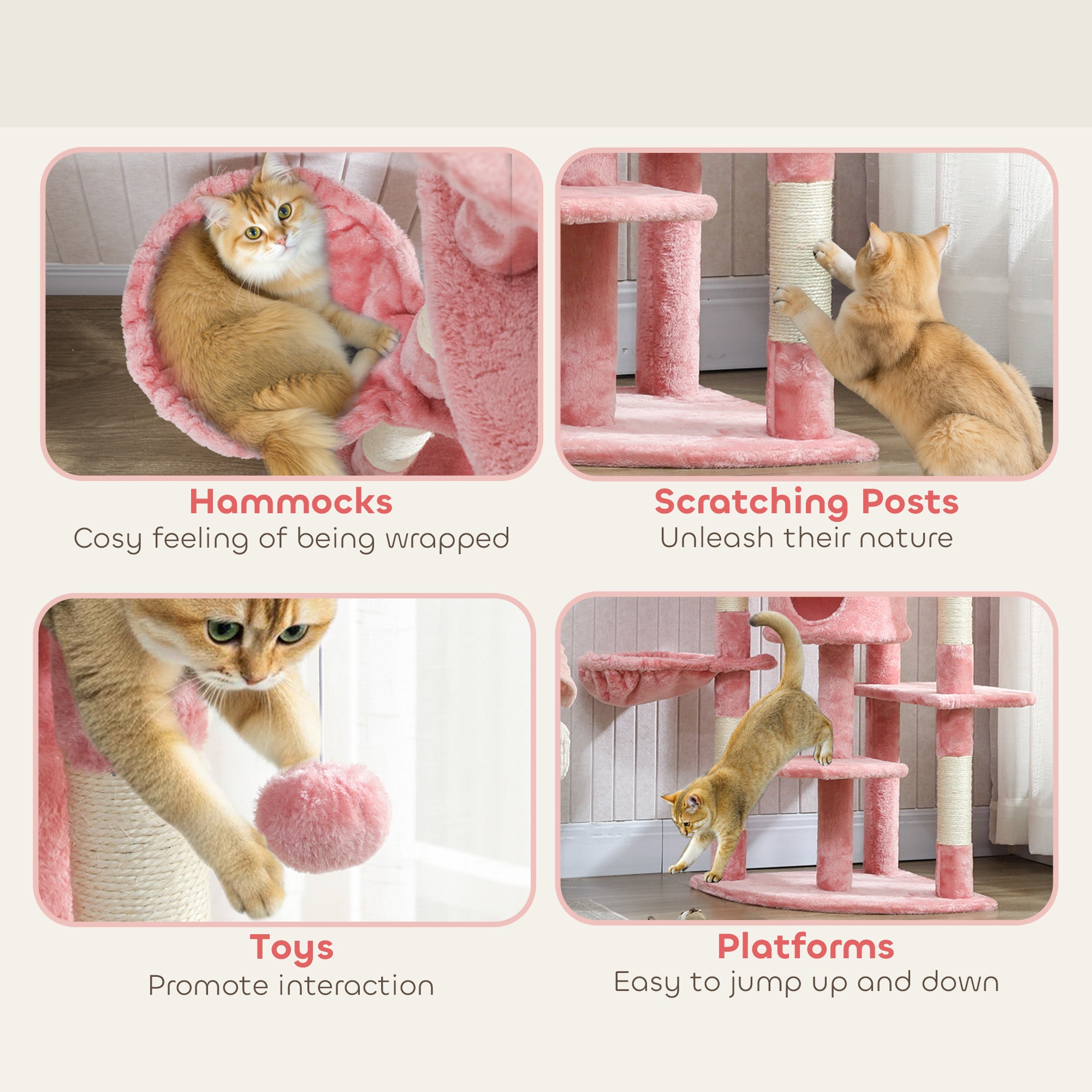 62" Cat Tree with Scratching Post, 2 Condos, Hammock, Perches, Plush, Pompoms, for Indoor Cats, Pink