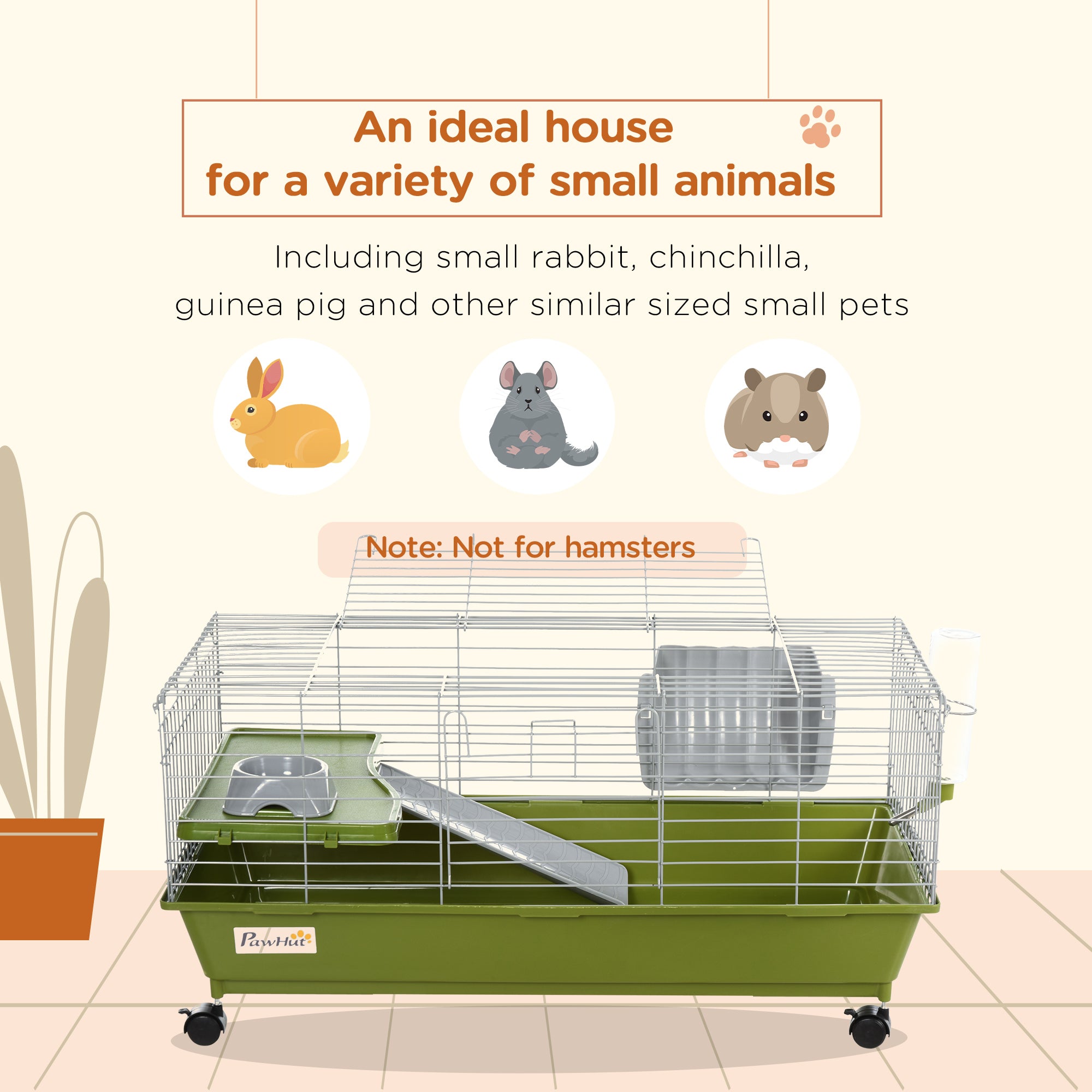 Small Animal Cage, Rolling Bunny Cage, Guinea Pig Cage with Food Dish, Water Bottle, Hay Feeder, Platform, Ramp, Green