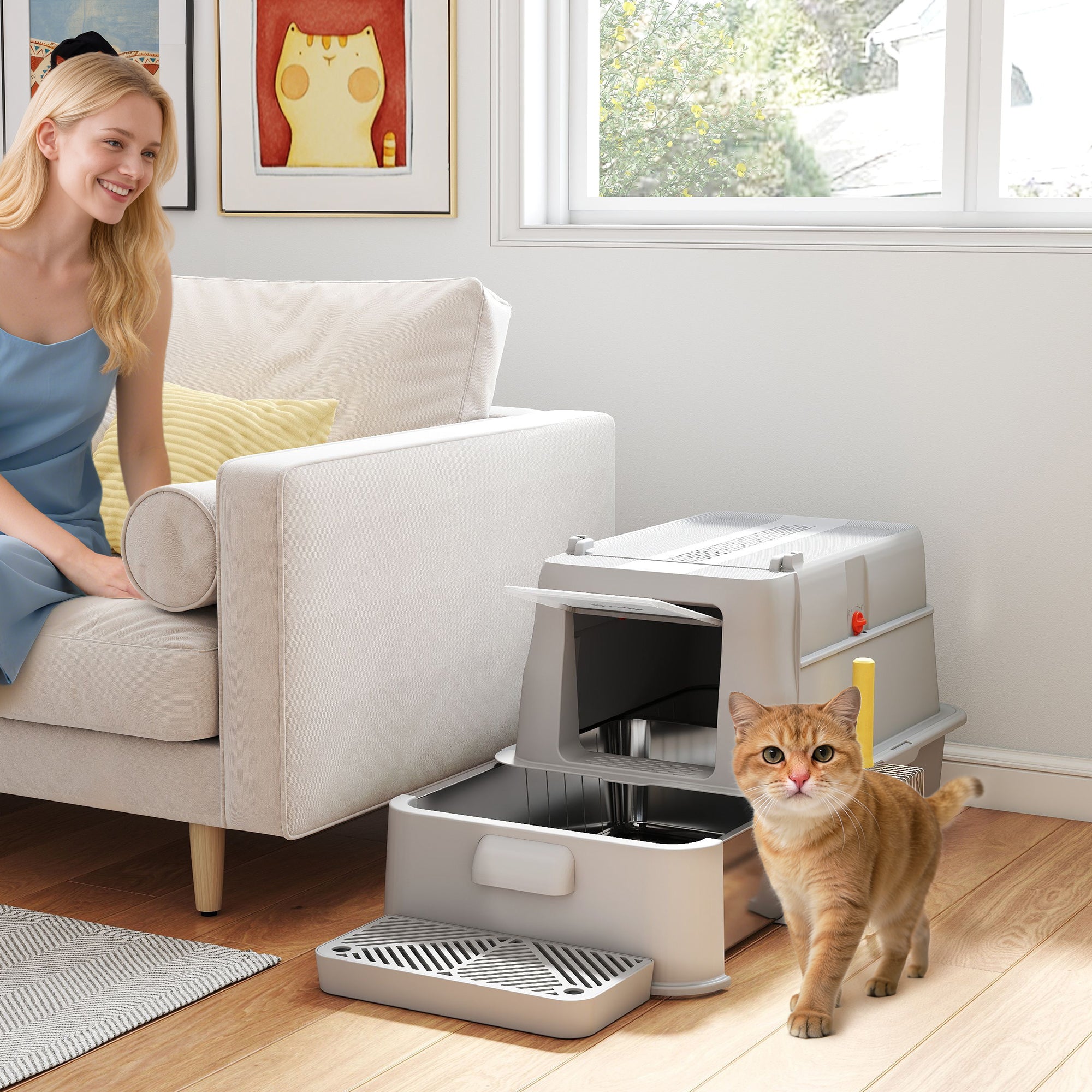 80L XL Stainless Steel Cat Litter Box for Big Cats with Flip Cover, Pull-Out Drawer Tray, High Sided, Pedal, Light Grey