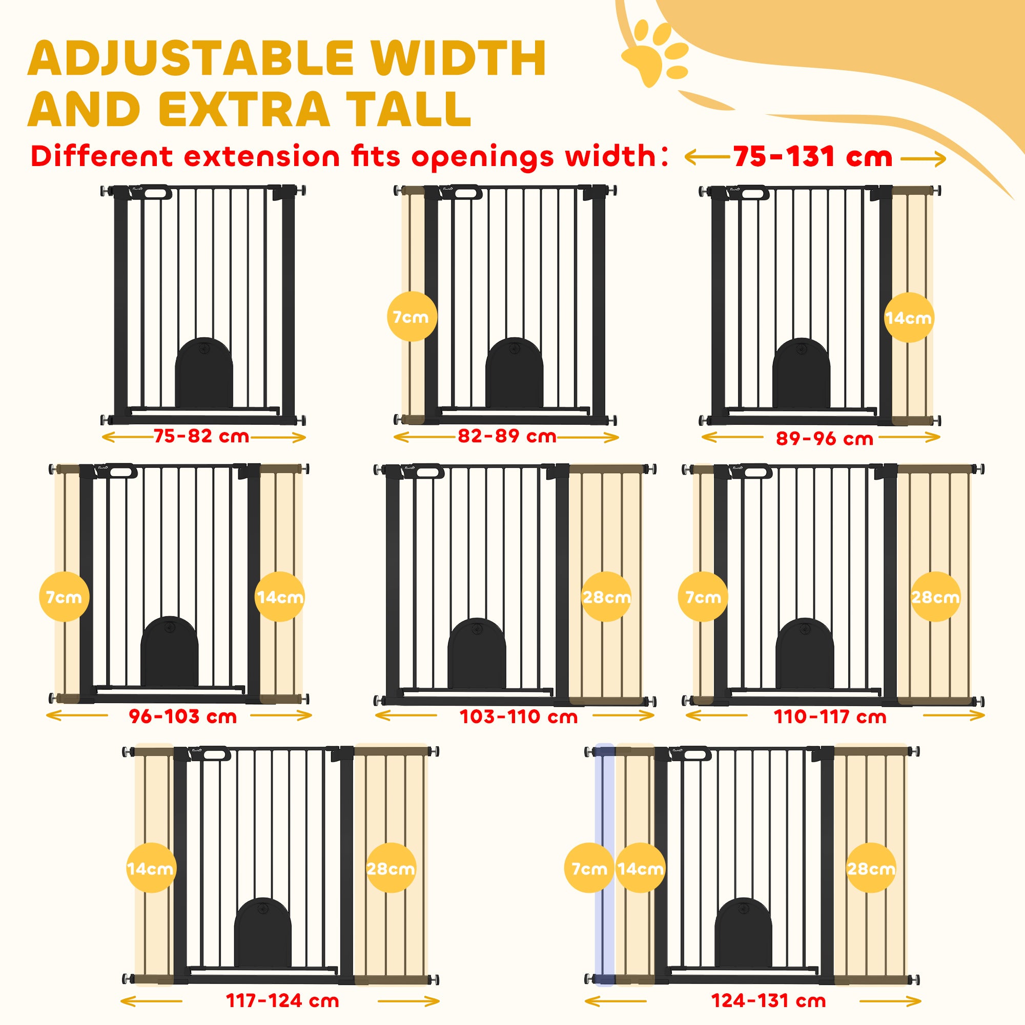 30"-52" Extra Wide Pet Gate Barrier with Small Door, 35"H Dog Gate with Safety Gate Barrier, Stair Pressure Fit, Black