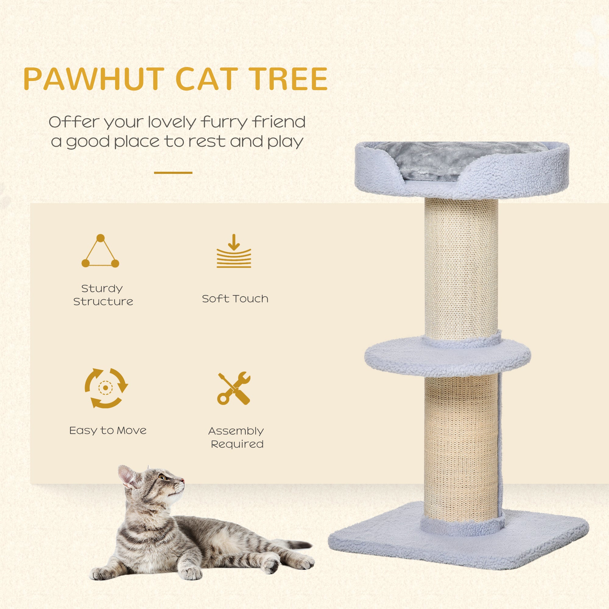 Arbre à chat, tour pour chat avec poteau à griffer recouvert de sisal, lit pour chat, coussin et plateforme, 18" x 18" x 36", bleu clair