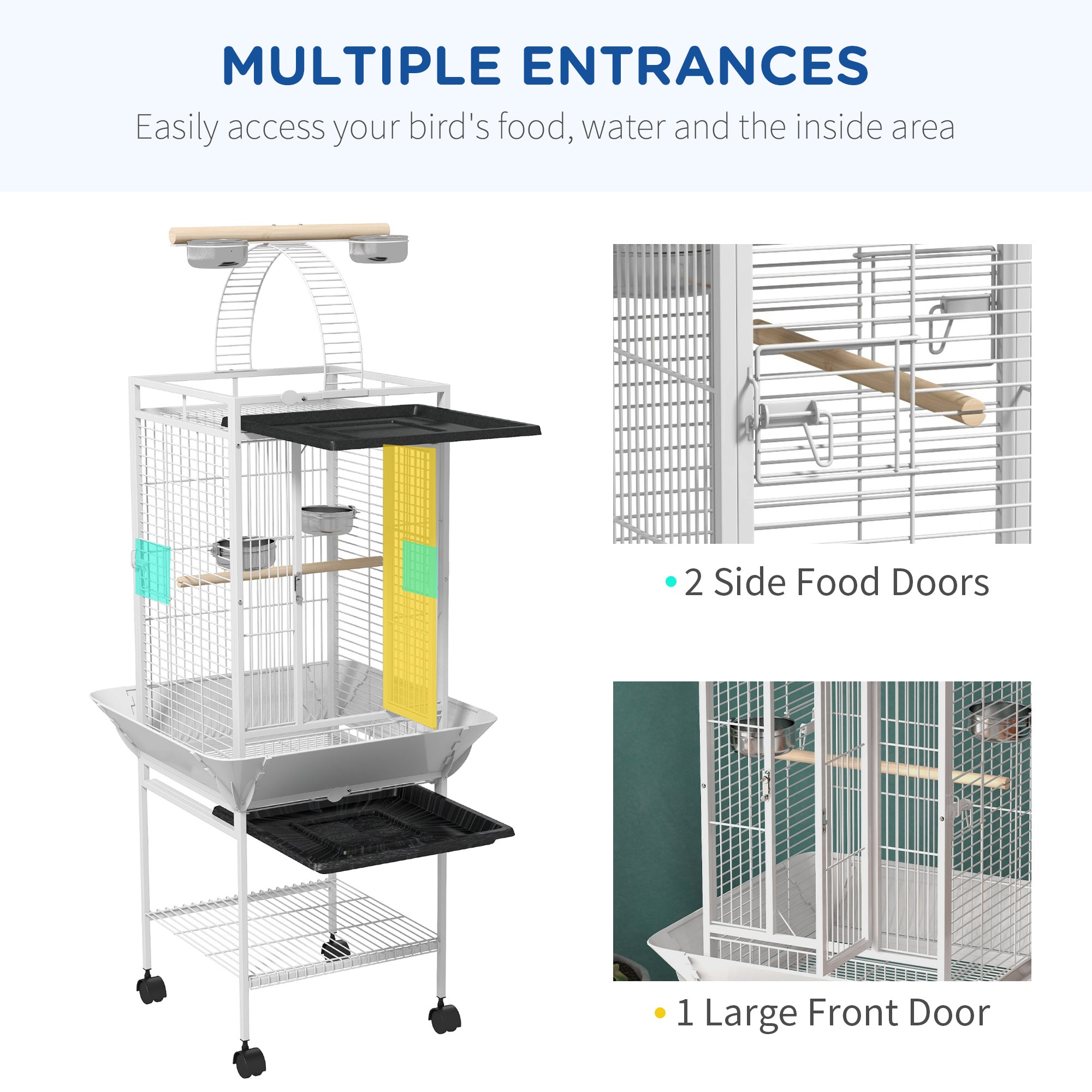 61.5 Inch Bird Cage Parakeet House for Cockatiel with Stand, Pull Out Tray, Play Top, Storage Shelf, Wood Perch, Food Container