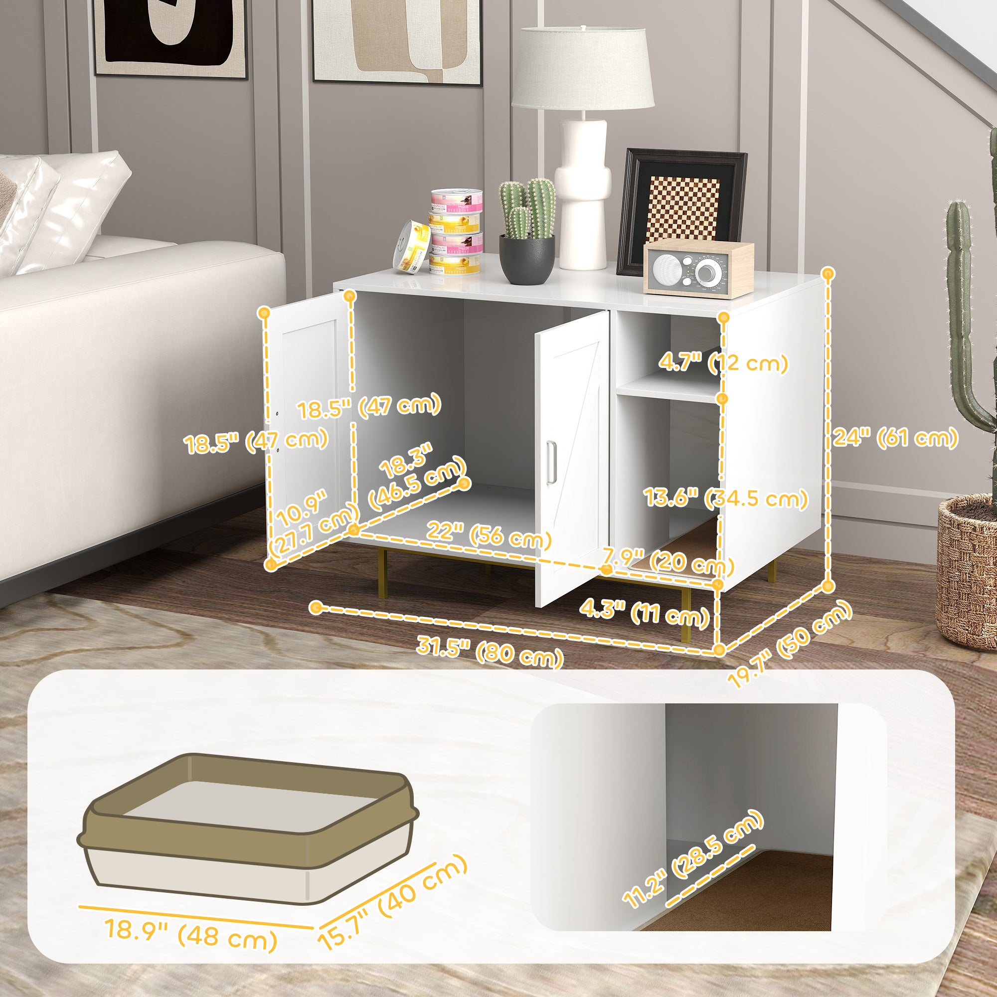 Cat Litter Box Enclosure, Hidden Litter Box with Scratching Pad, Storage, for Living Room, Bedroom, 31.5" x 20" x 24"