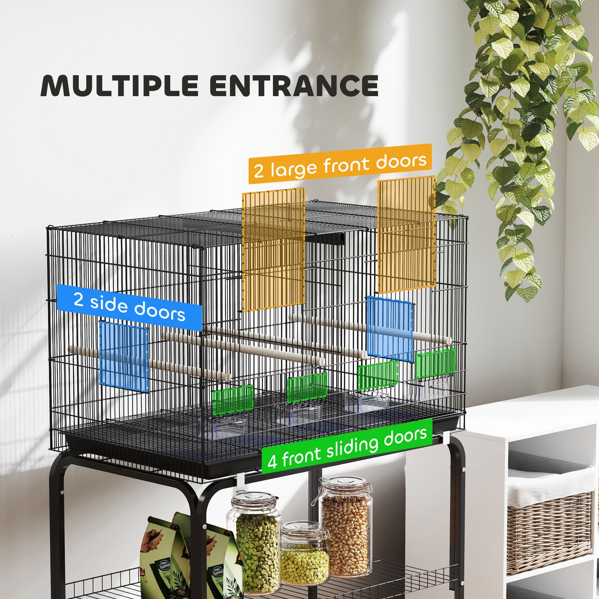 46" H Bird Cage, Large Parakeet Cage for Budgie, Lovebird, Canary, Finches with Divider, Black