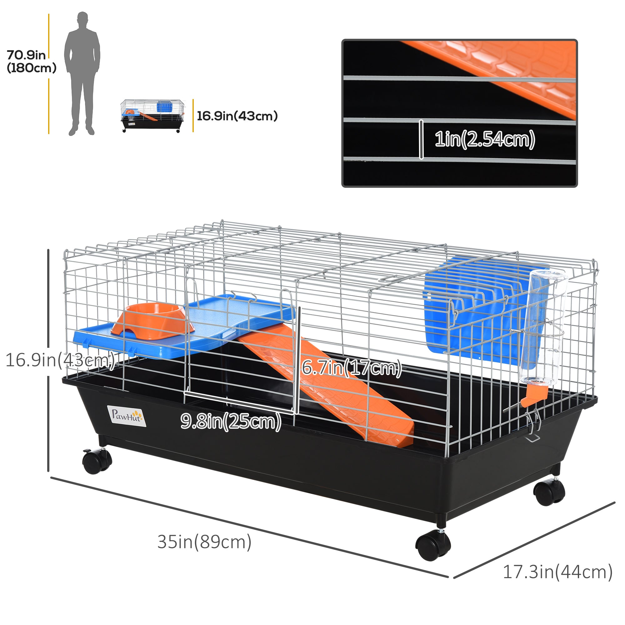 Small Animal Cage, Rolling Bunny Cage, Guinea Pig Cage with Food Dish, Water Bottle, Hay Feeder, Platform, Ramp, Black