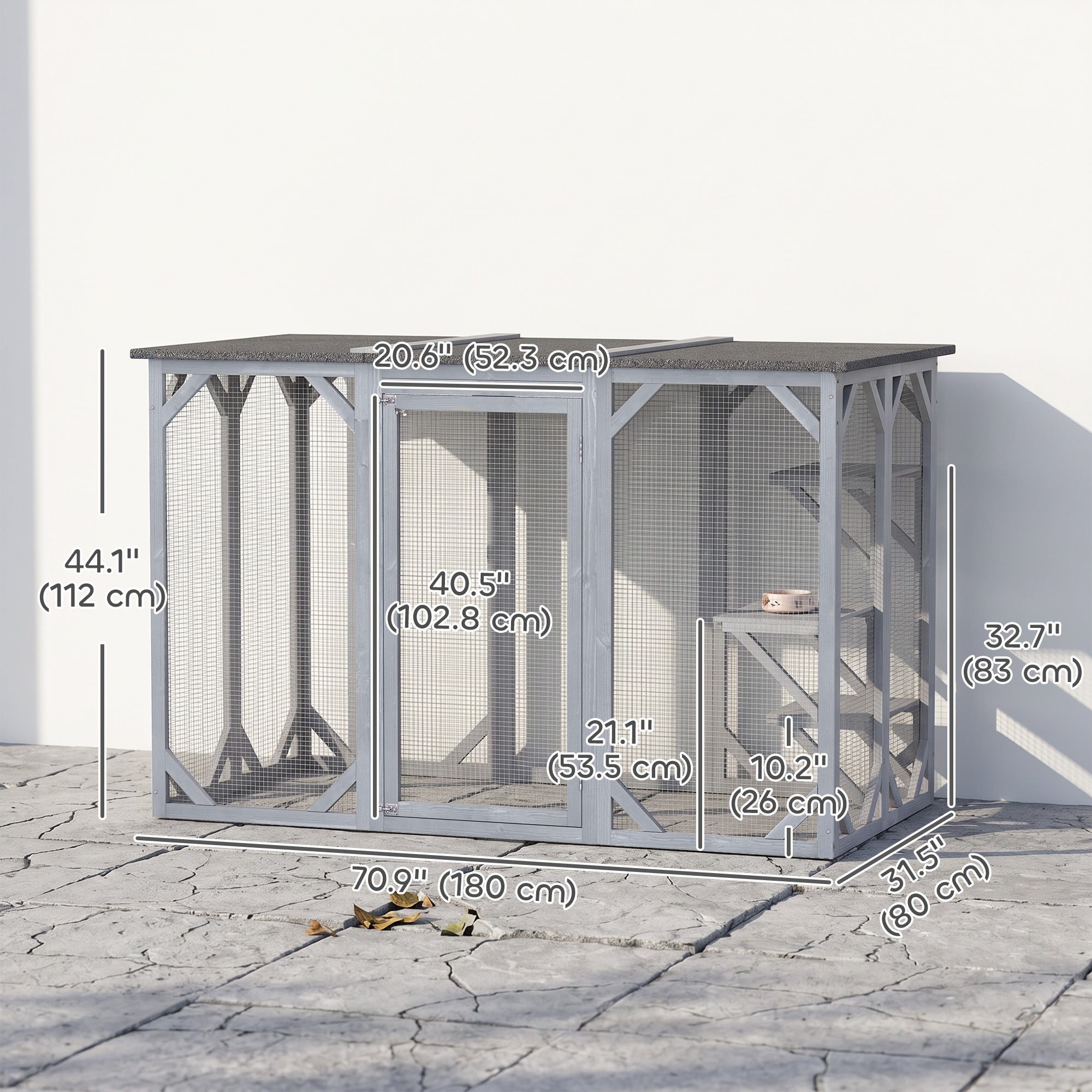 44.1" H Cat Cage, Indoor Outdoor Wooden Enclosure Pet House, Small Animal Cage Hutch, Suitable for Rabbit, Dogs, Kitten, Crate Kennel with Waterproof Roof, Multi-Level Platforms, Lock, Grey