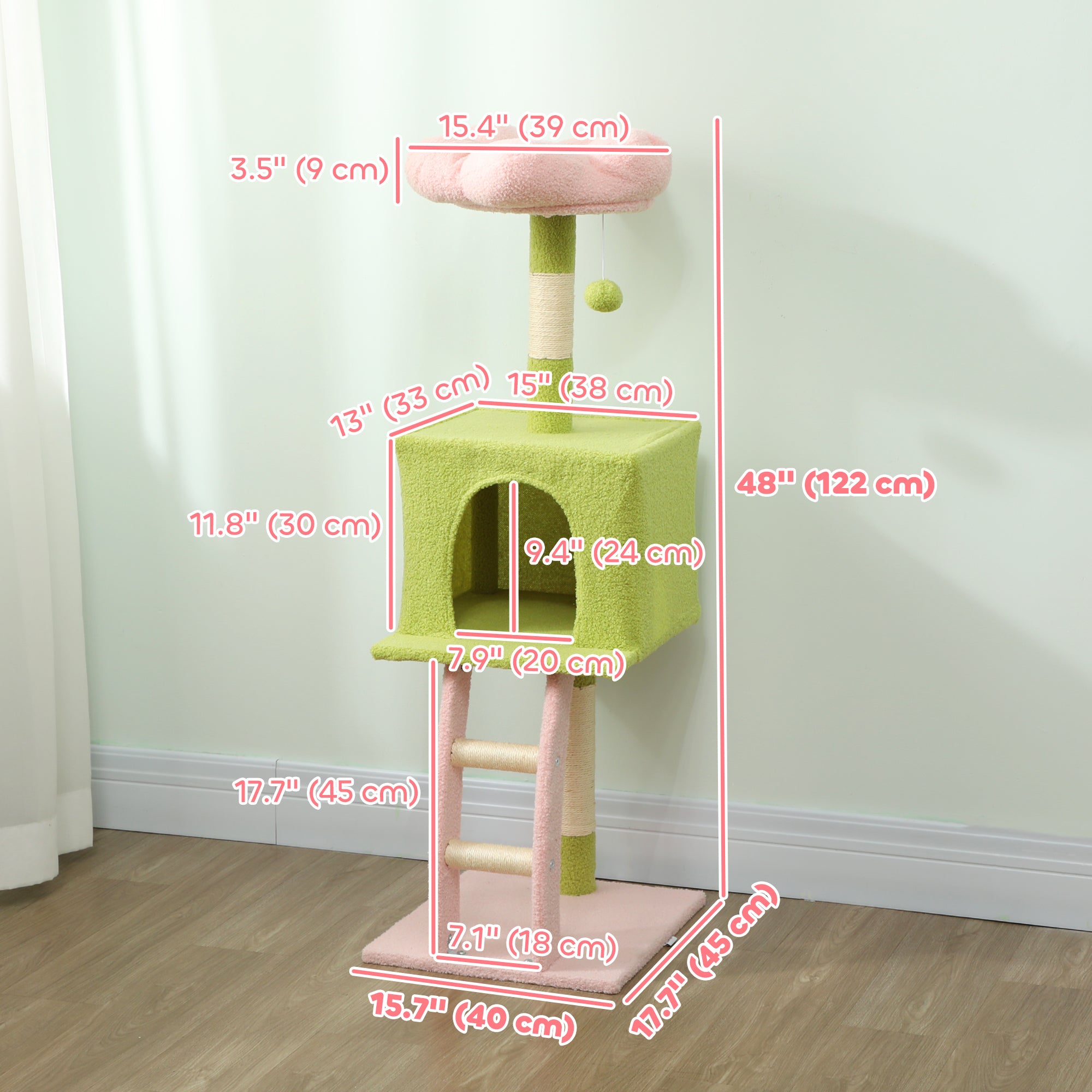 48" Flower Cat Tree with Scratching Post, Cozy Bed, Condo, Climbing Ladder, Perch, Dangling Ball, Green