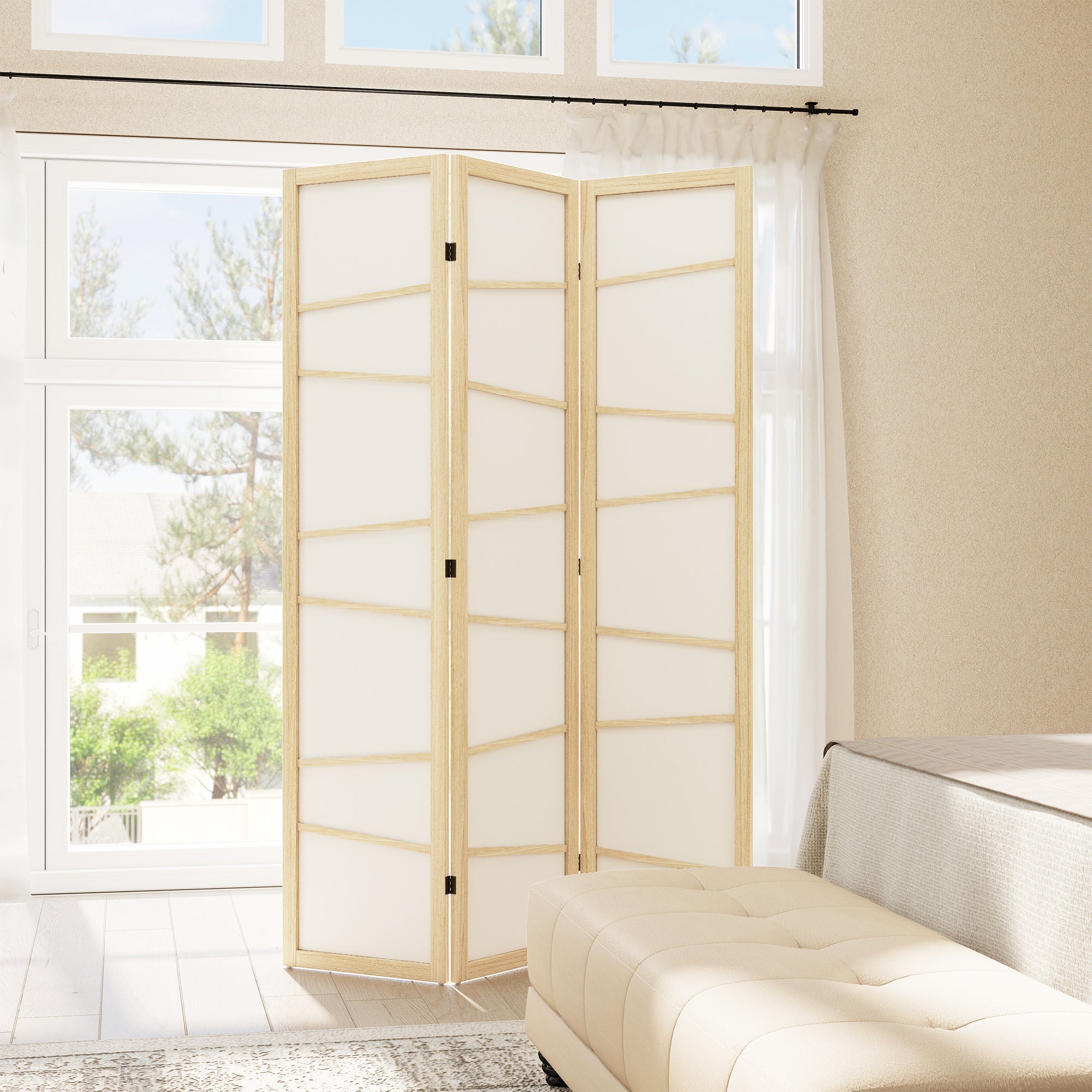 66.9" Folding Room Divider, 3 Panel Wall Partition with Wood Frame for Bedroom, Home Office, Natural Wood