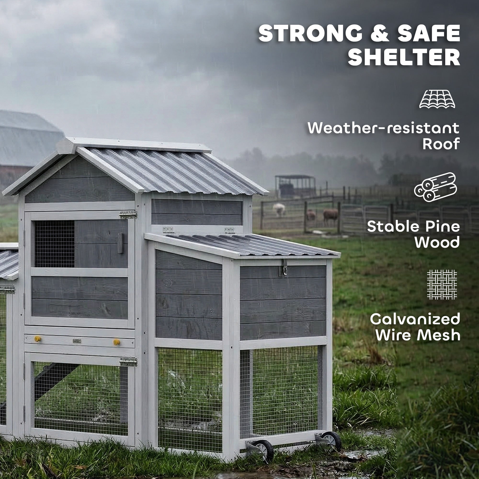 Chicken Coop with Wheels, 80" L Mobile Hen House with Run, Outdoor Wooden Chicken House with Nesting Box, Tray, Ramp