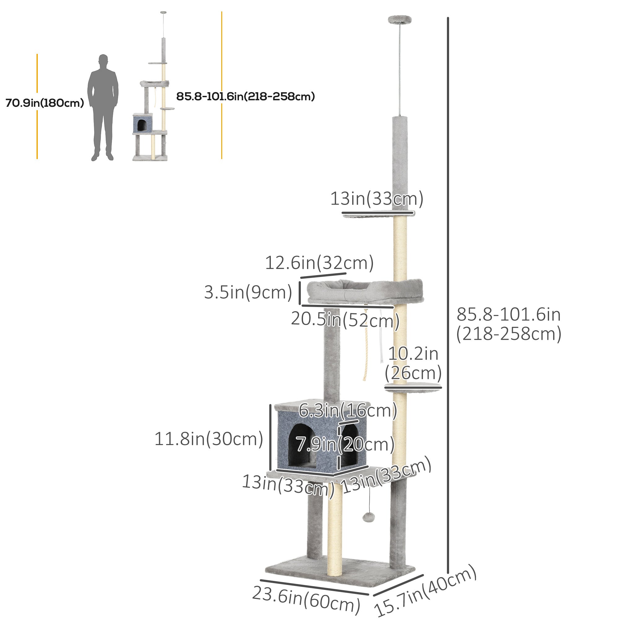 Cat Tree Floor to Ceiling Cat Tower Height Adjustable( 85-101 Inches), Tall Large Cat Climbing Activity Center with Scratching Posts Cat Condo Cozy Bed, Grey