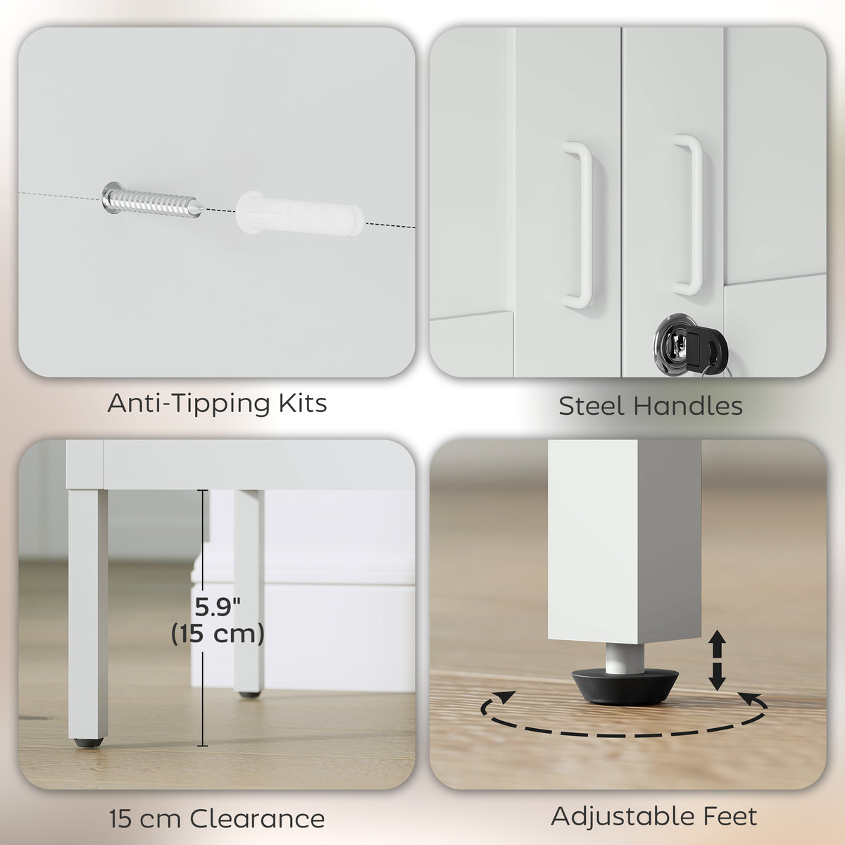 Lockable Steel Storage Cabinet - 3 Shelves 2 Doors White