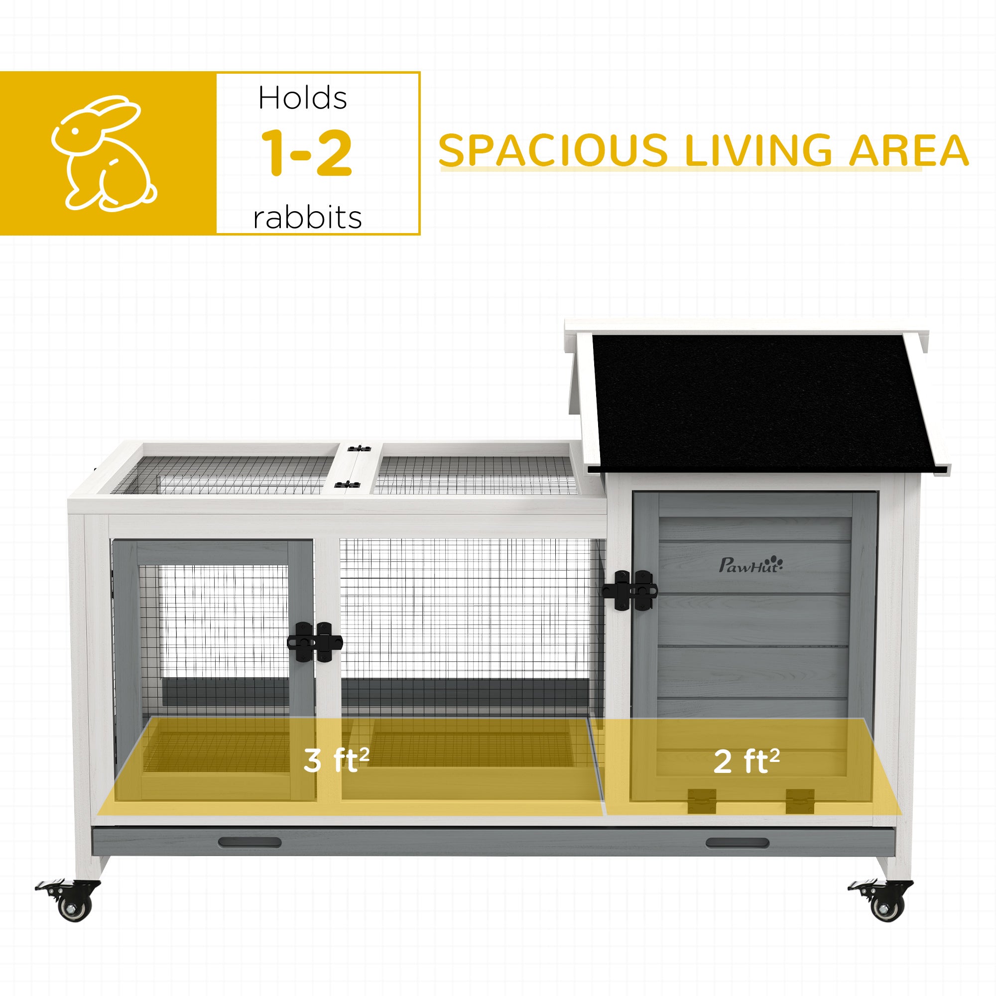Cage à lapin avec roulettes, rampe, espace d’exercice et bac, pour intérieur et extérieur, adapté aux lapins et aux cochons d’Inde, gris