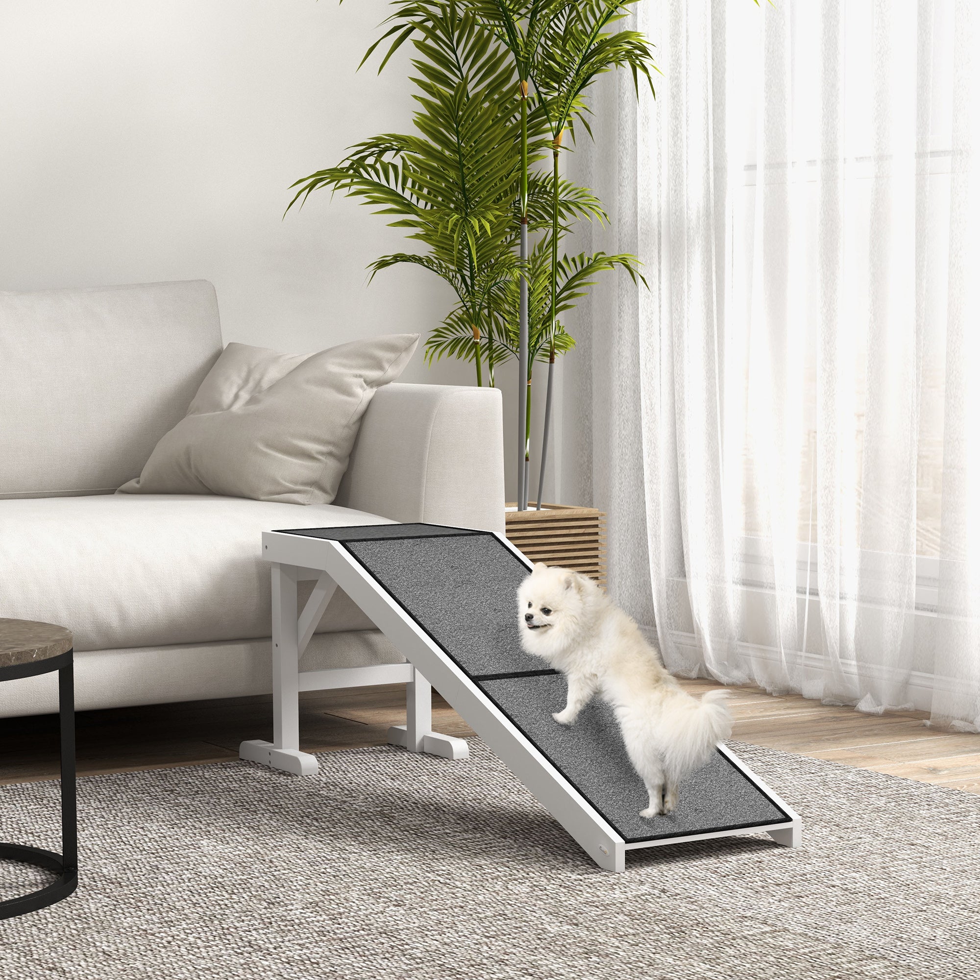 Rampe-lit avec marches pour chiens et chats, plateforme supérieure en moquette antidérapante, bois de pin, 59"L x 16"W x 20"H, blanc